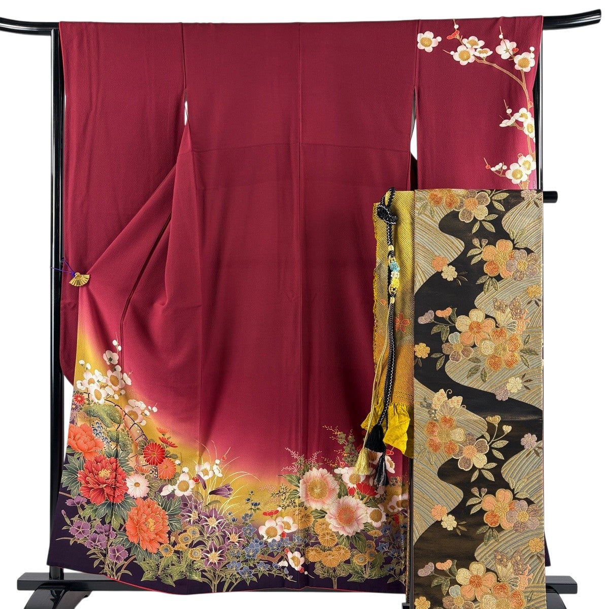 連休セール！振袖フルセット　身丈159cm、裄丈65cm 振袖 身丈158cm 裄丈65cm M 袷 袋帯フルセット 牡丹 扇 金糸 金彩