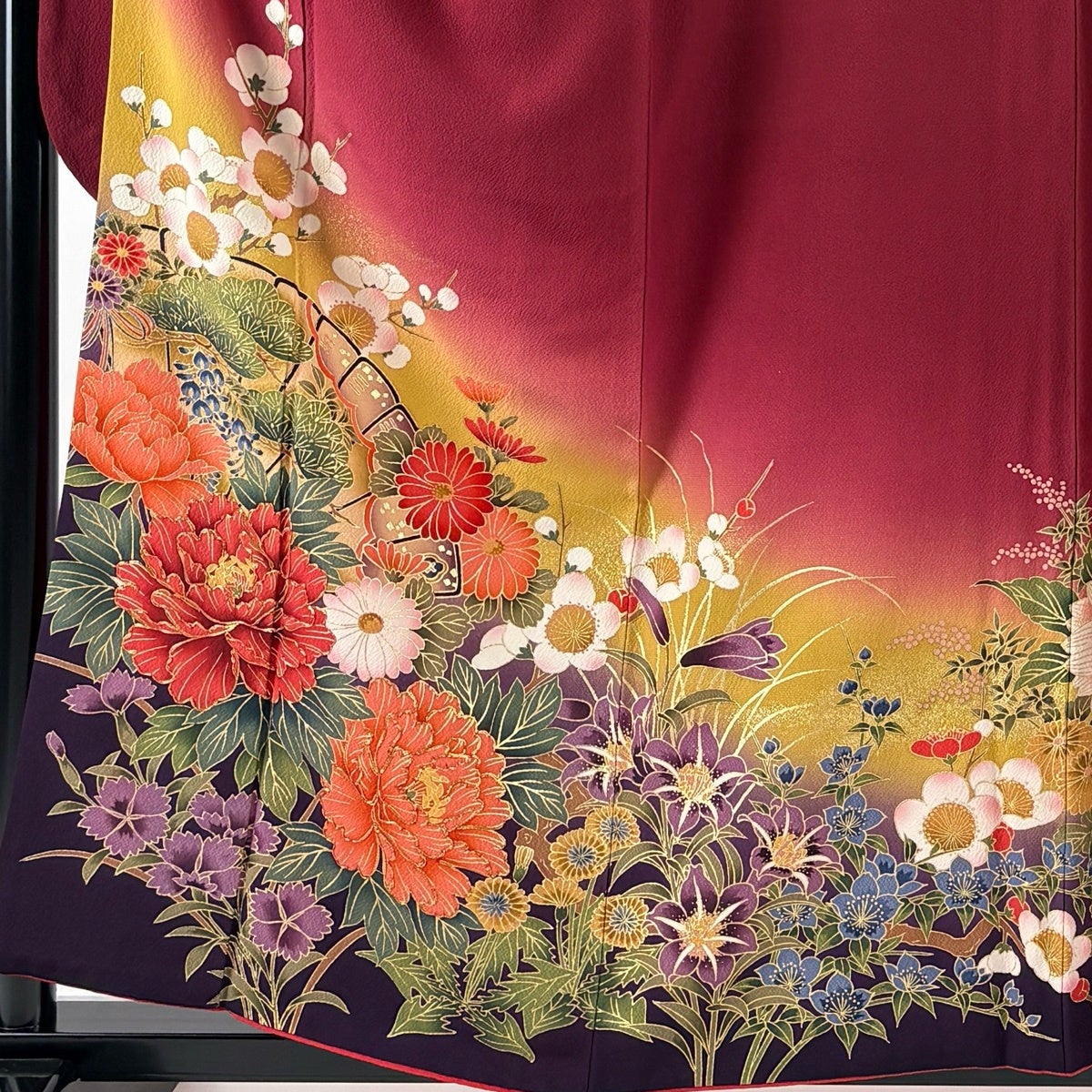 連休セール！振袖フルセット　身丈159cm、裄丈65cm 振袖 身丈158cm 裄丈65cm M 袷 袋帯フルセット 牡丹 扇 金糸 金彩