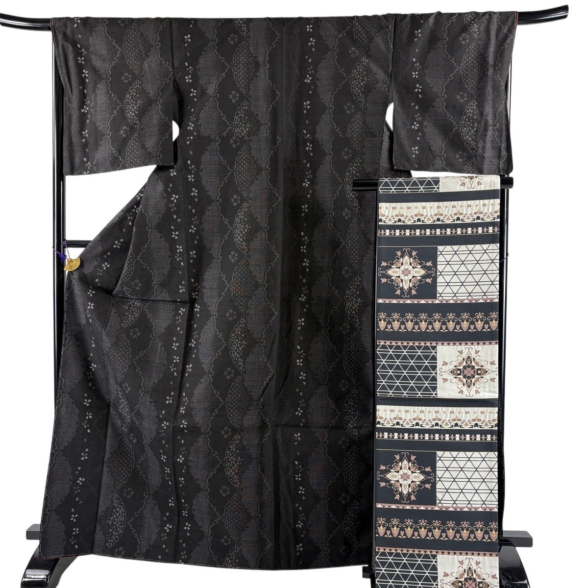 美品】紬 身丈169cm 裄丈67.5cm L 袷 袋帯セット やまと 証紙あり 桜