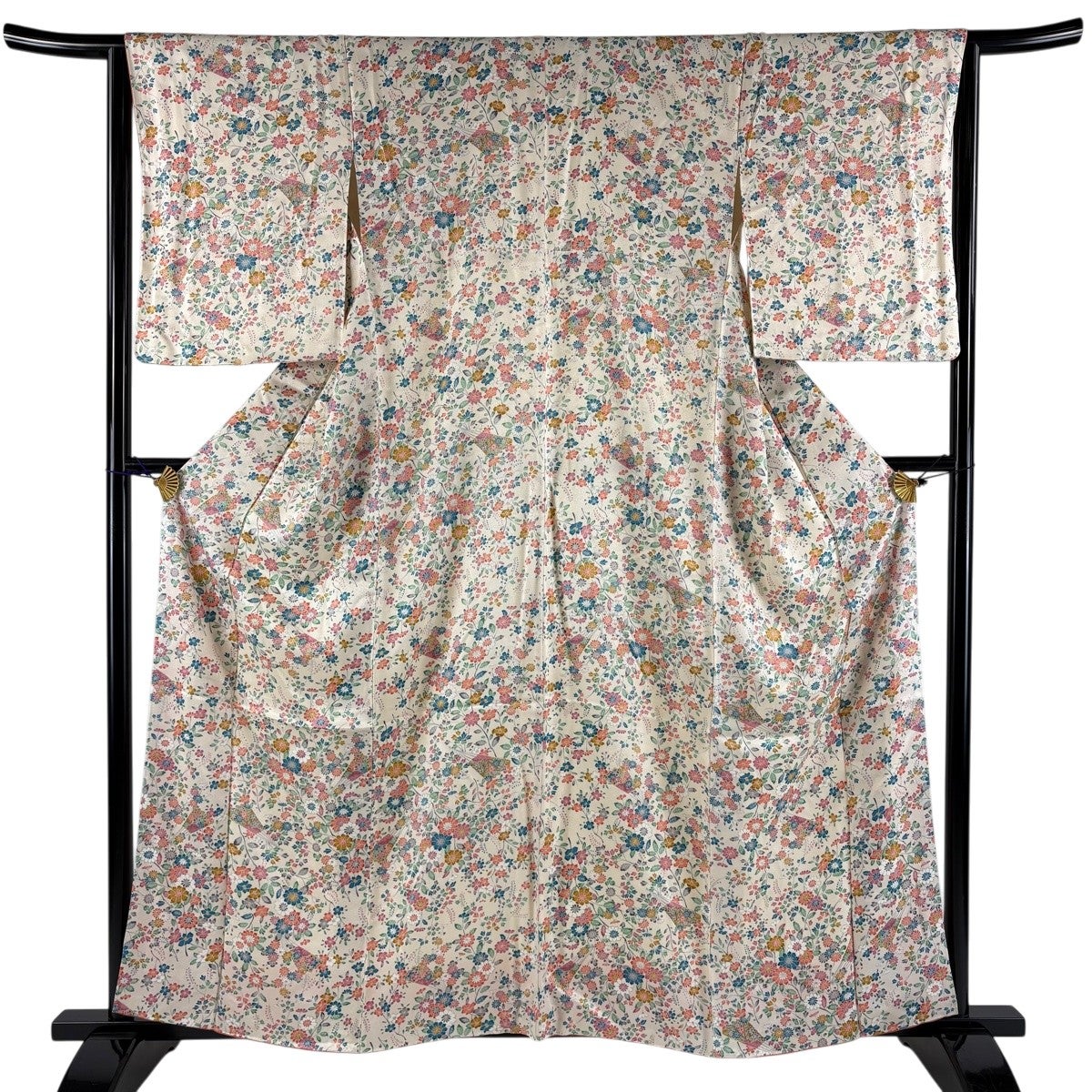 美品】 小紋 身丈160cm 裄丈65cm M 袷 扇 枝花 ピンクベージュ 正絹