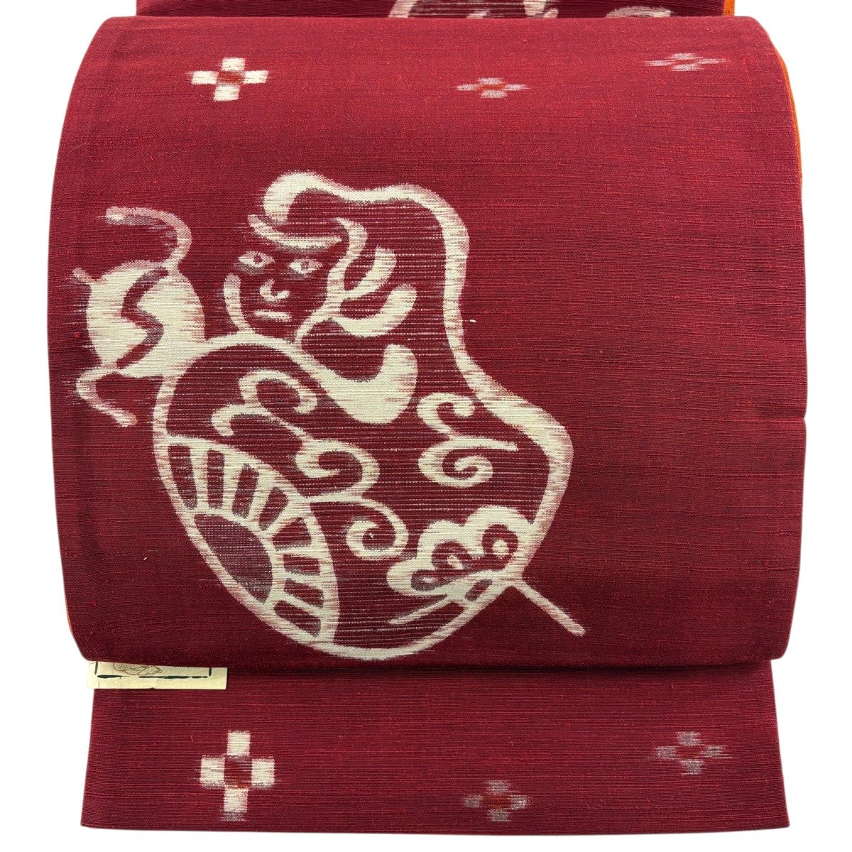 袋名古屋帯 優品 紬地 花唐草 幾何学模様 えんじ色 正絹｜中古・古着