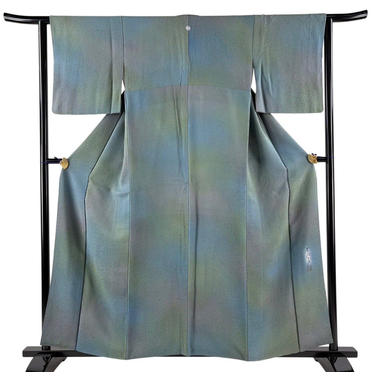 美品】 小紋 身丈155cm 裄丈67.5cm L 袷 斉藤三才 落款あり 縞 黒灰