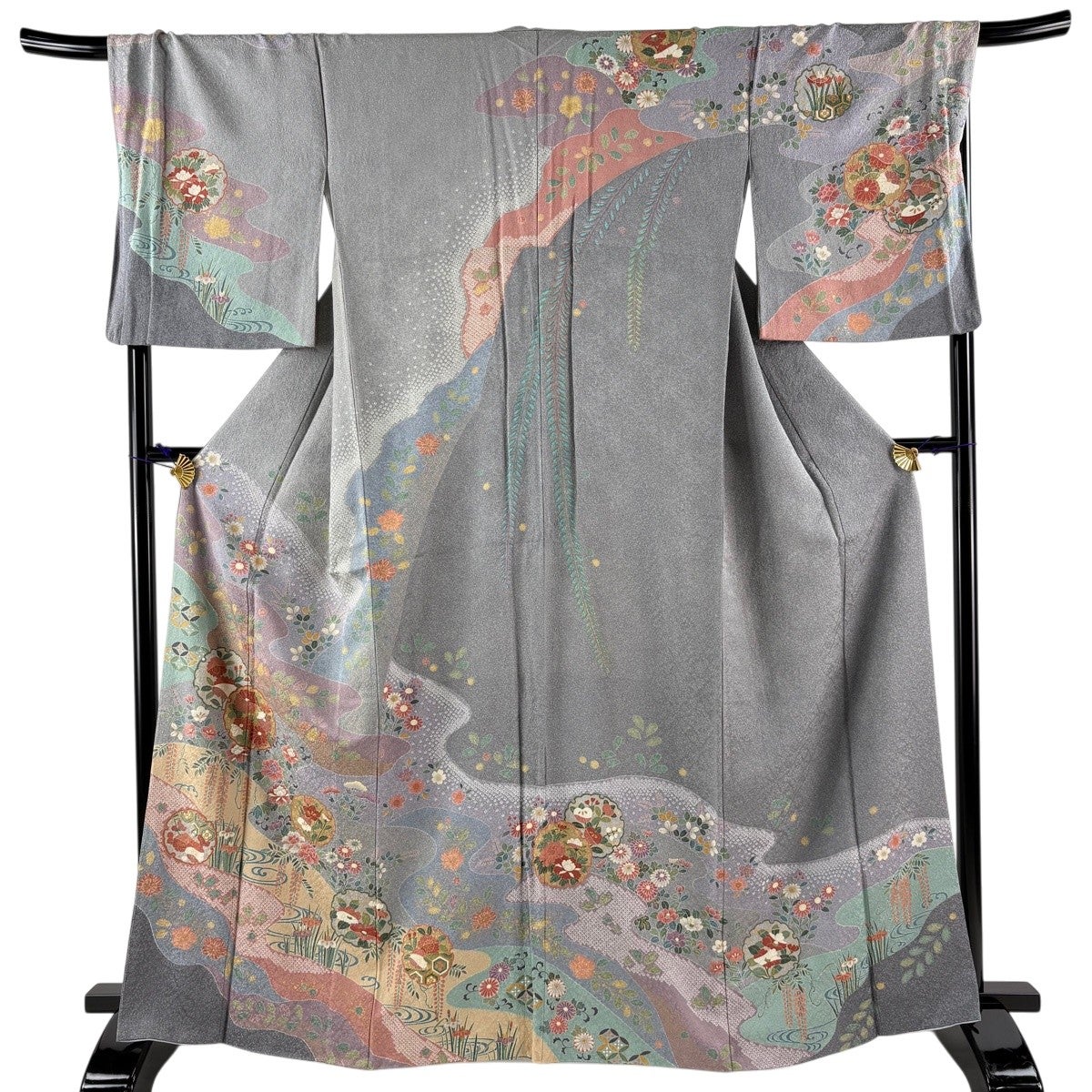 【美品】 訪問着 身丈170cm 裄丈68cm 正絹 秀品 【中古】 訪問着 身丈170cm 裄丈68cm L 袷 桜 幾何学 金彩 ぼかし 焦茶色 正絹