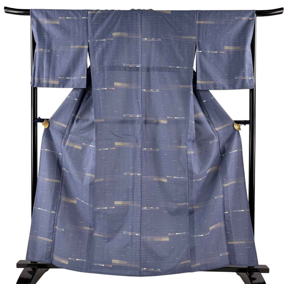 小紋 身丈160.5cm 裄丈66cm M 単衣 幾何学模様 青灰色 化繊 秀品｜中古