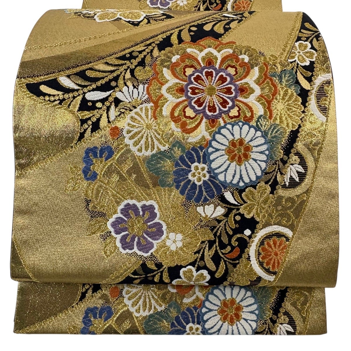袋帯 美品 箔 六通 金糸 秀品 華文 正絹 草花 金色 中古 美 銀色 名品