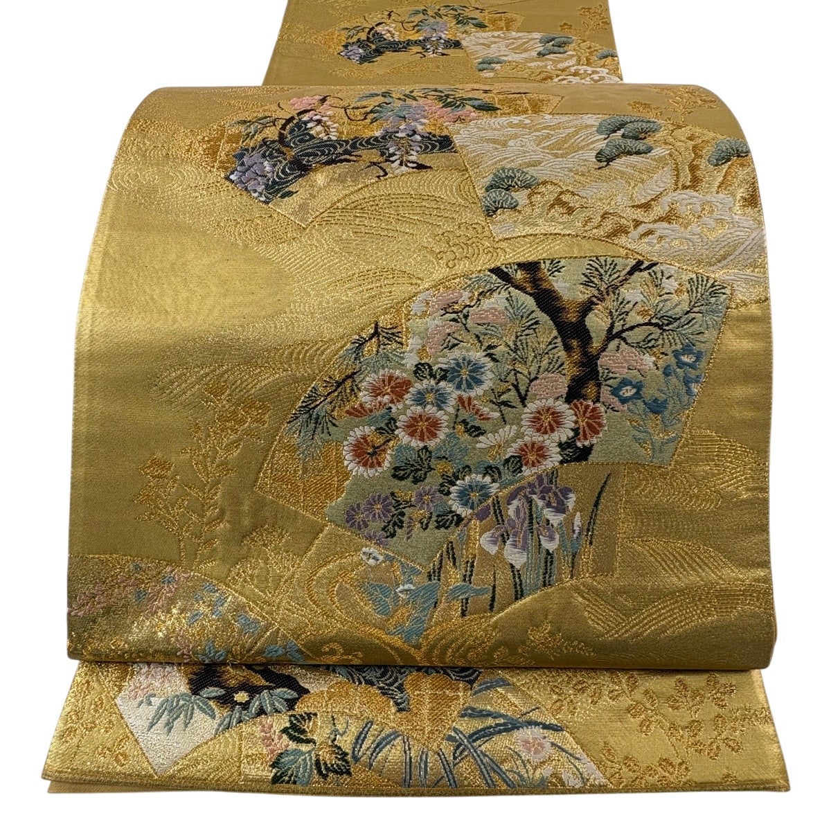 美品】 袋帯 名品 琳派三十六華扇 花扇 草花 箔 金糸 薄緑 六通 正絹