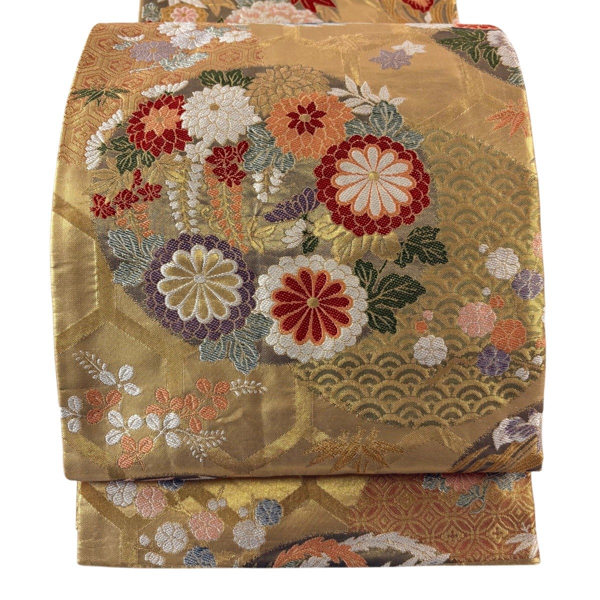 袋帯 唐織 遠山 扇子 花模様 金糸 洗朱色 O-5243 袋帯 唐織 文箱に花模様 扇子 鳥 鼓 金糸 生成色 O-5628 - メルカリ