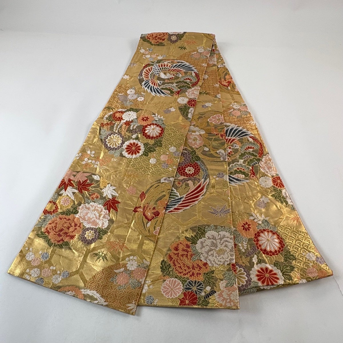 30%OFF 丸帯 秀品 花丸文 花鳥 箔 金糸 金色 全通 正絹 K30｜中古