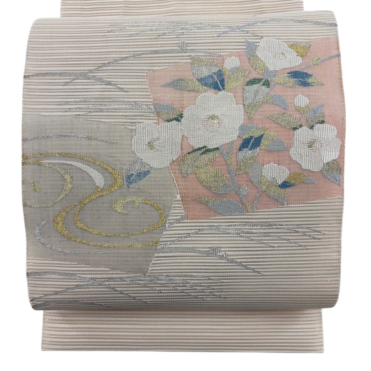 名古屋帯 秀品 華文 流水 刺繍 金銀糸 灰紫 正絹｜中古・古着
