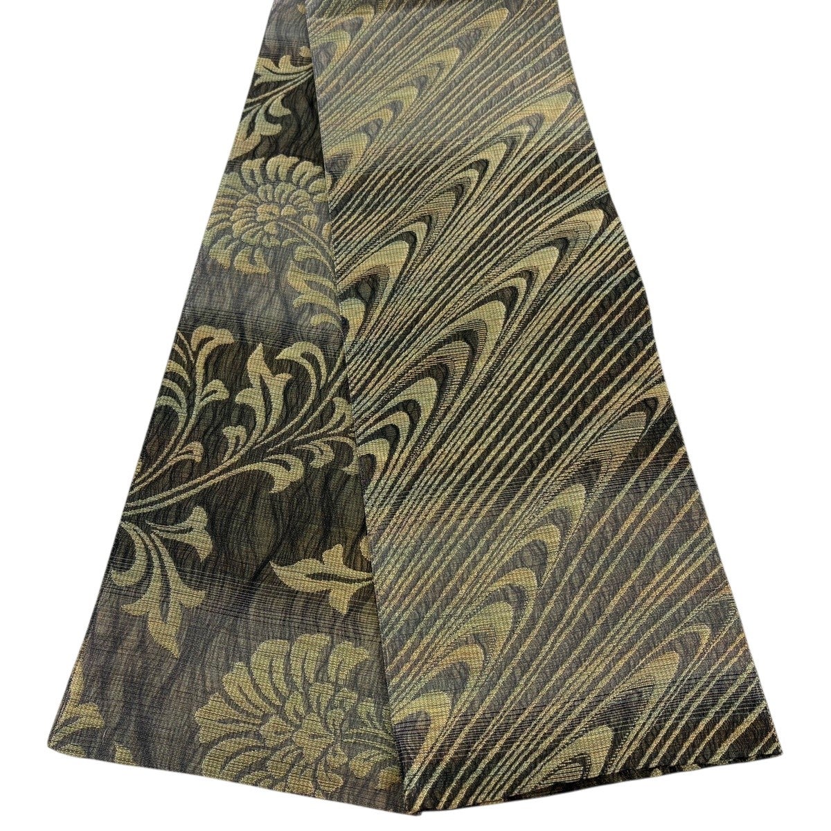 【美品】半幅帯 秀品 化繊 【中古】 美品】半幅帯 秀品 幾何学模様 縞 山吹茶色 綿｜中古・古着