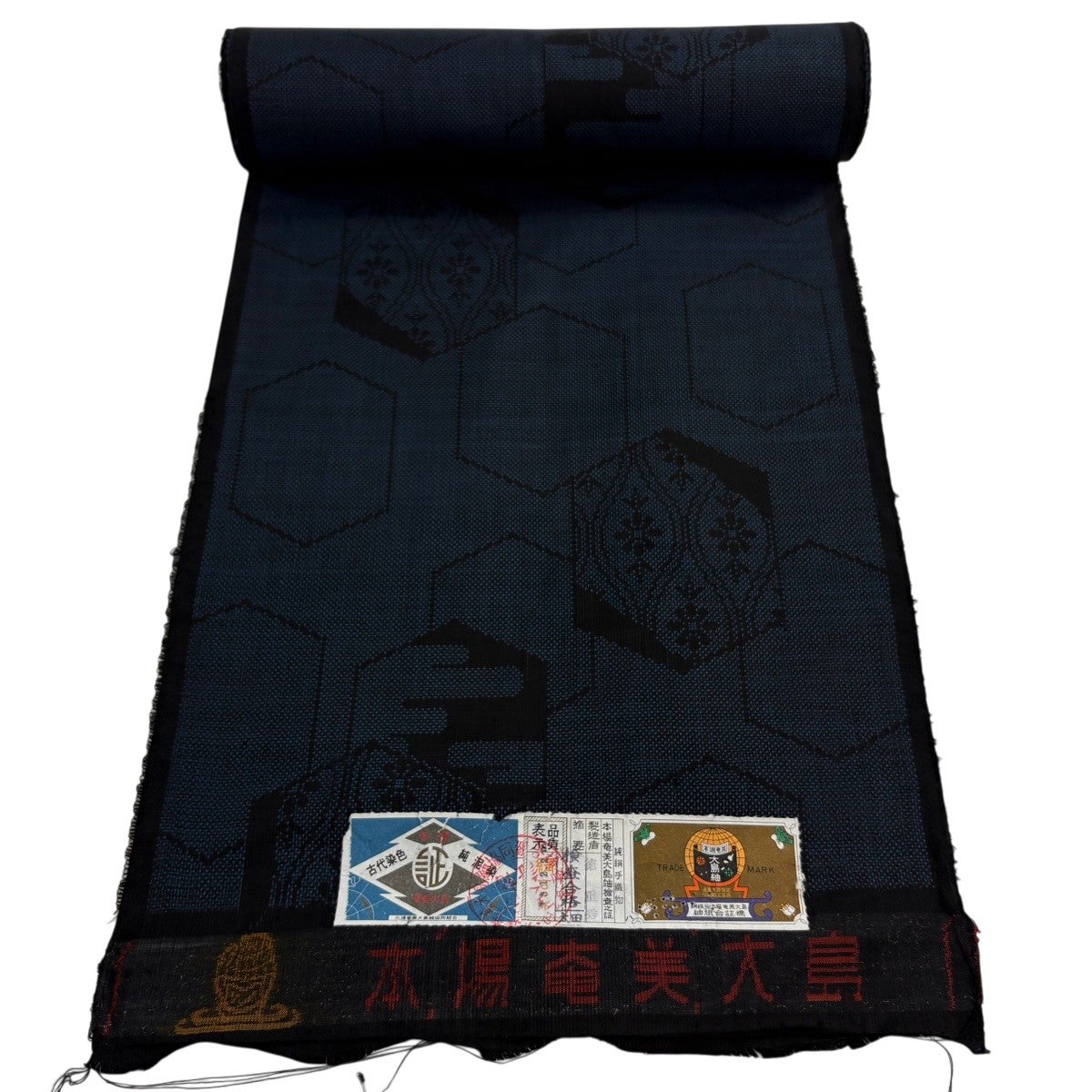 反物 秀品 大島紬 証紙 華文 花唐草 黒灰 正絹｜中古・古着
