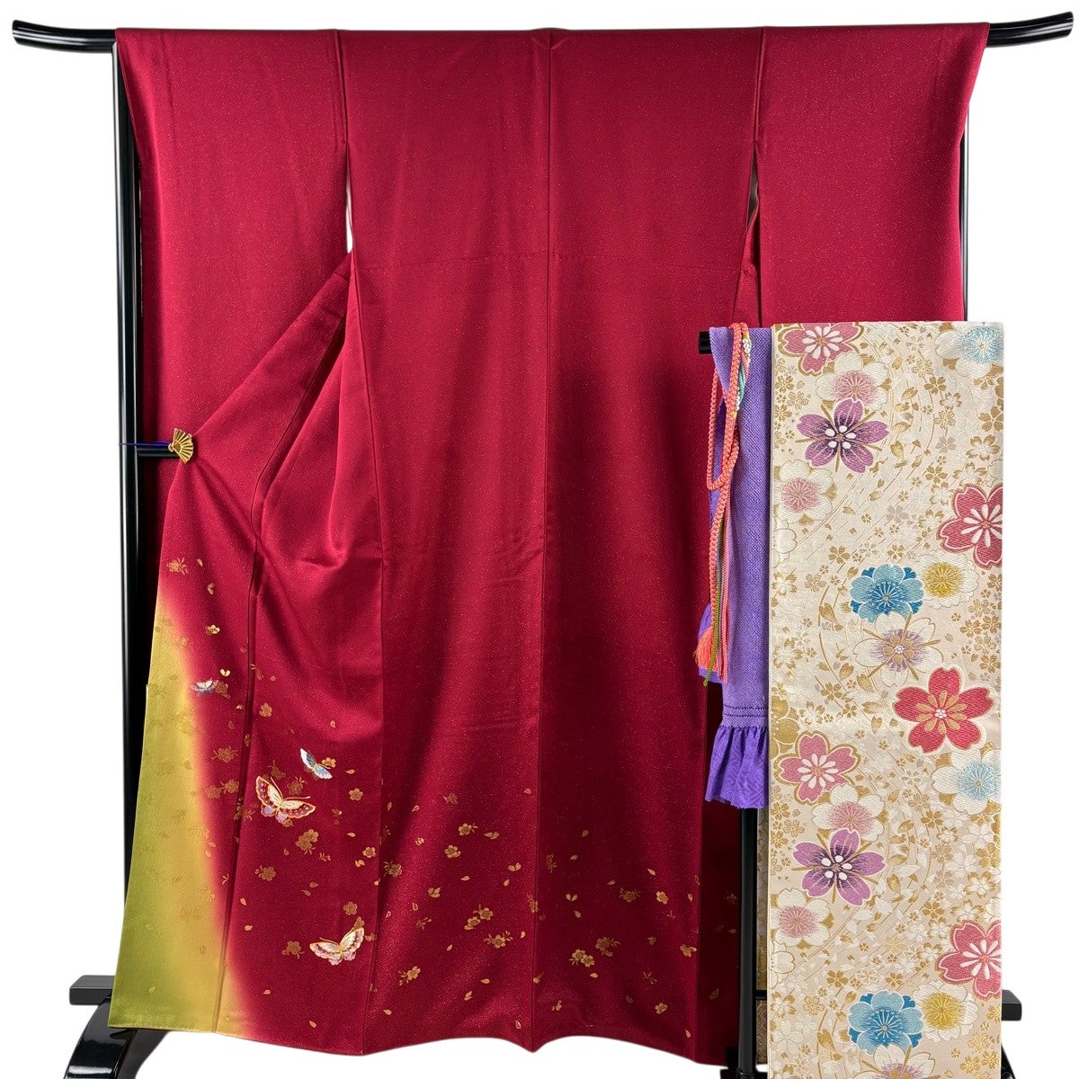 振袖 身丈165cm 裄丈68cm 正絹 名品 【中古】 美品】 振袖 身丈165cm 裄丈68cm L 袷 袋帯フルセット 蝶 桜 金通し