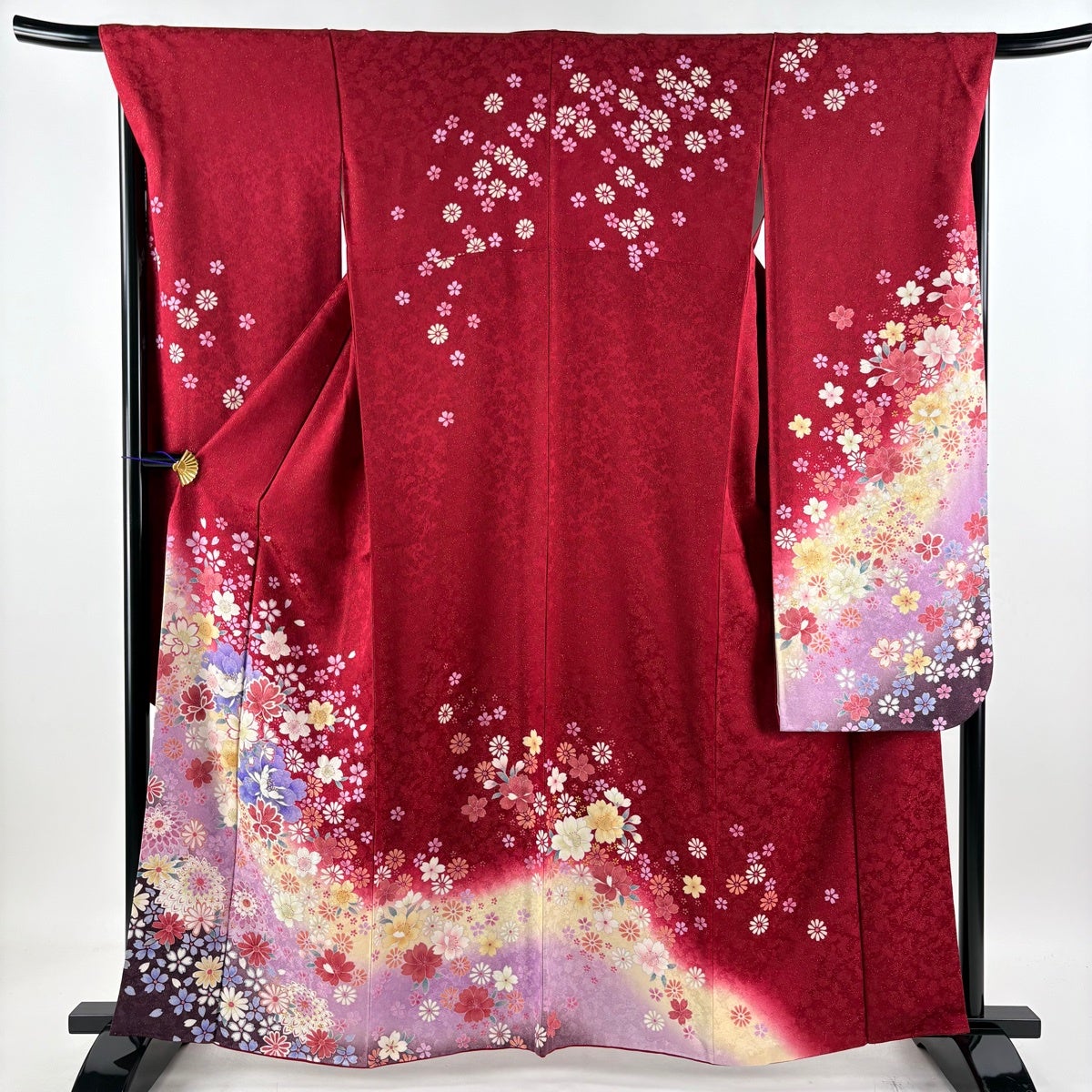 美品】 振袖 身丈161.5cm 裄丈68cm L 袷 袋帯フルセット 草花 桜 金
