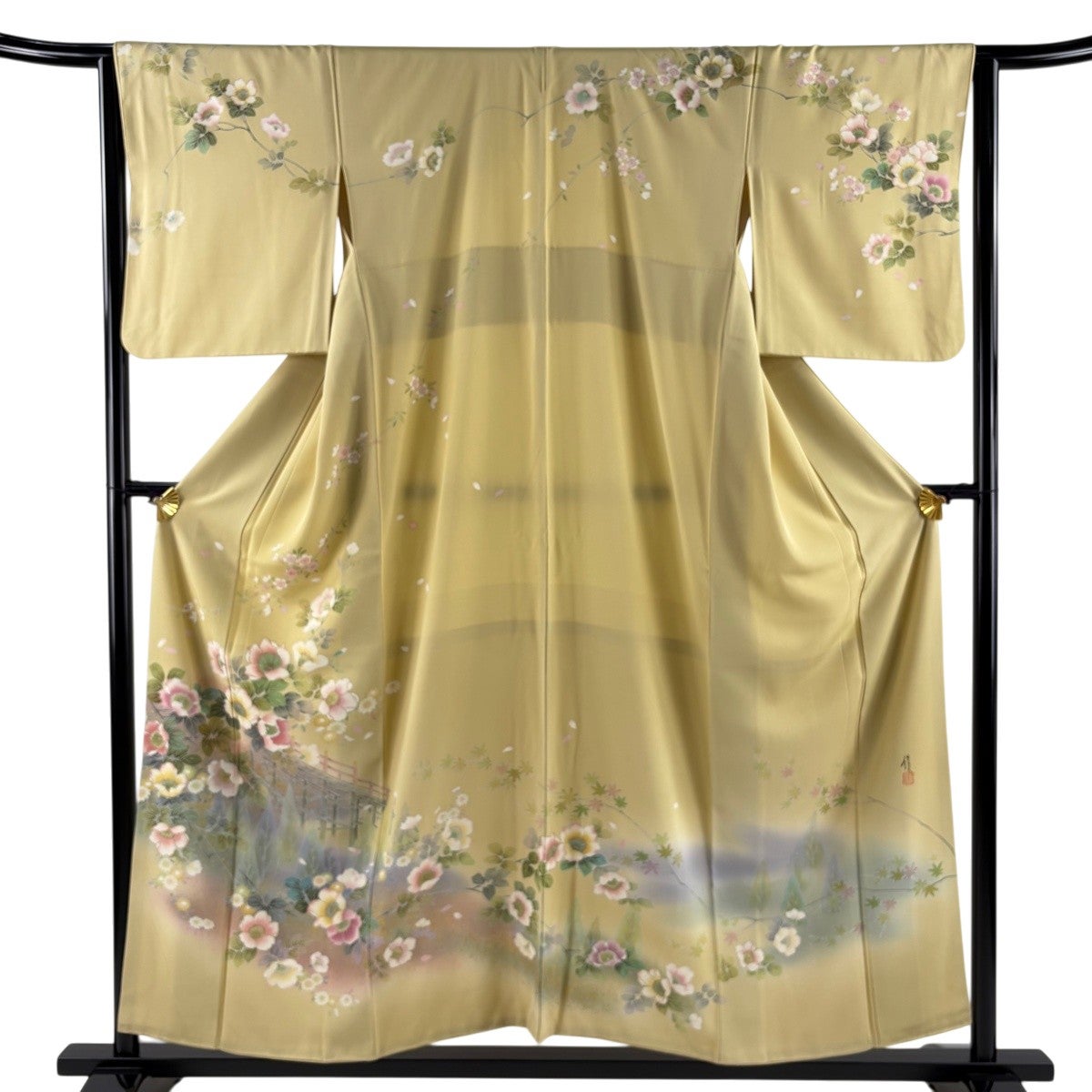 訪問着 身丈162cm 裄丈64cm M 袷 草花 萩 金彩 ベージュ 正絹 名品