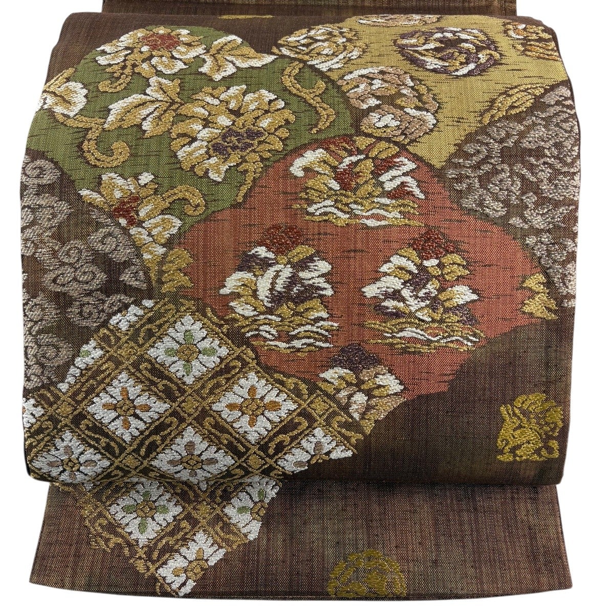 美品】 袋帯 名品 落款あり 鳳凰 花唐草 金糸 箔 赤茶 六通 正絹｜中古