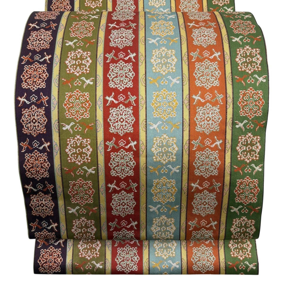 美品】 開き名古屋帯 名品 龍村美術織物 比翼仕立て 花鳥梅花文錦 赤 美品】 開き名古屋帯 名品 龍村美術織物 比翼仕立て 花鳥梅花文錦 赤