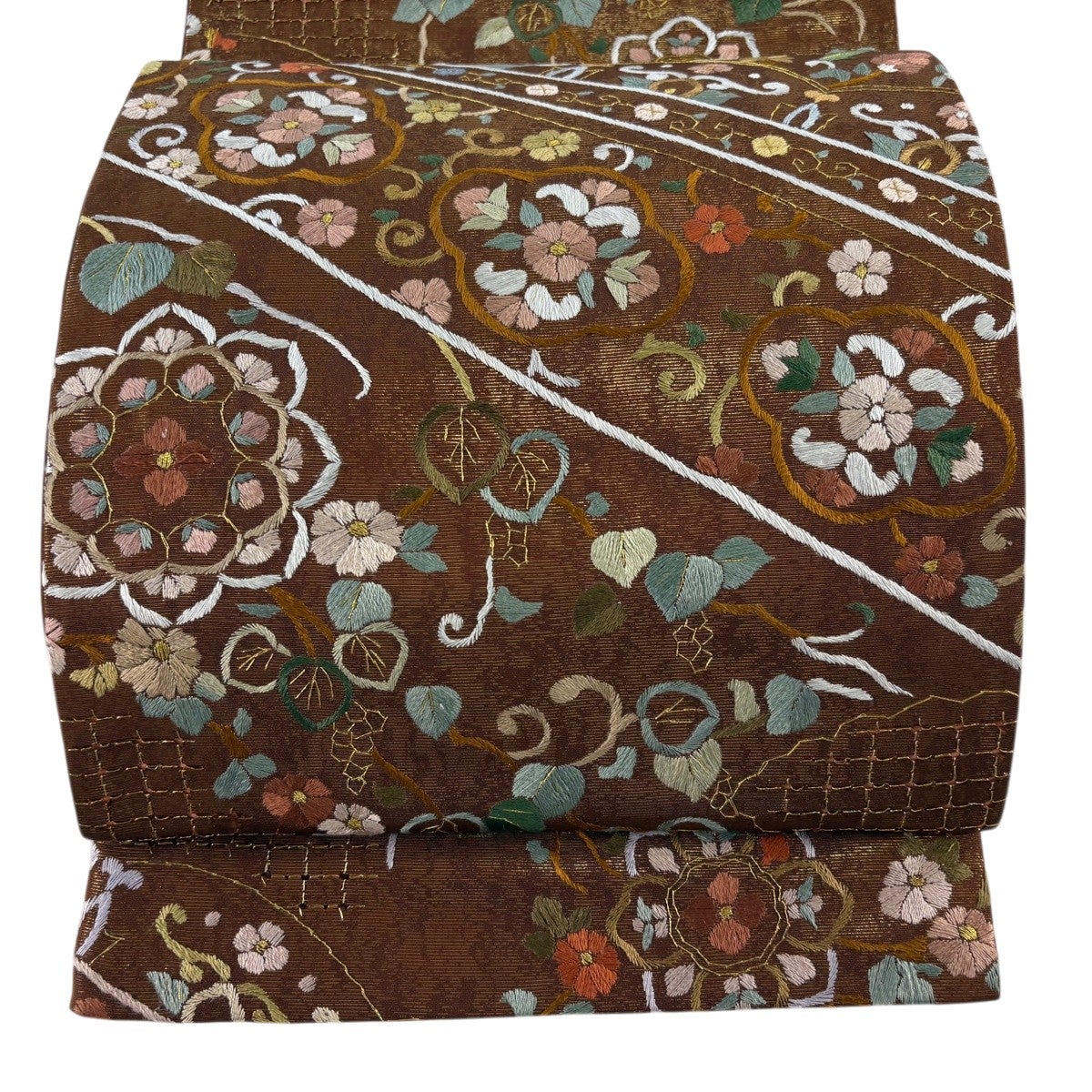 袋帯 名品 花唐草 花 銀糸 刺繍 灰色 六通 正絹｜中古・古着