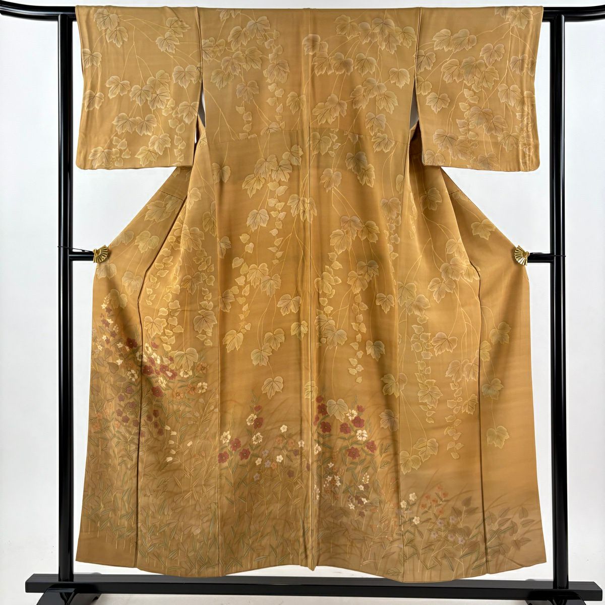 訪問着 身丈158.5cm 裄丈63.5cm S 袷 草花 金彩 抹茶色 正絹 秀品