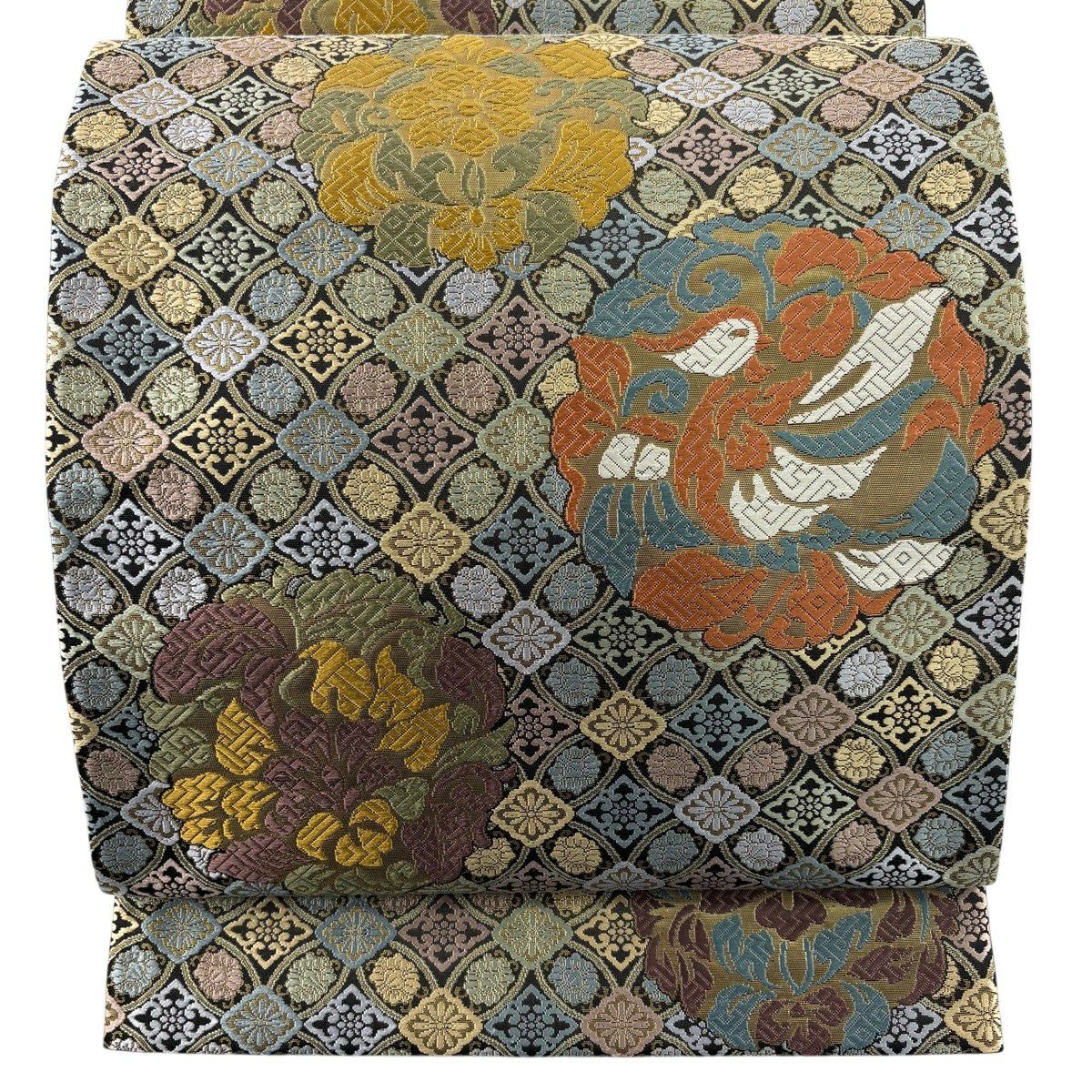 【美品】袋帯　紹巴細密織　鳥花風景　華やかな　六通 袋帯 名品 華文 花鳥 唐織 箔 灰色 六通 正絹 【】 【公式通販】