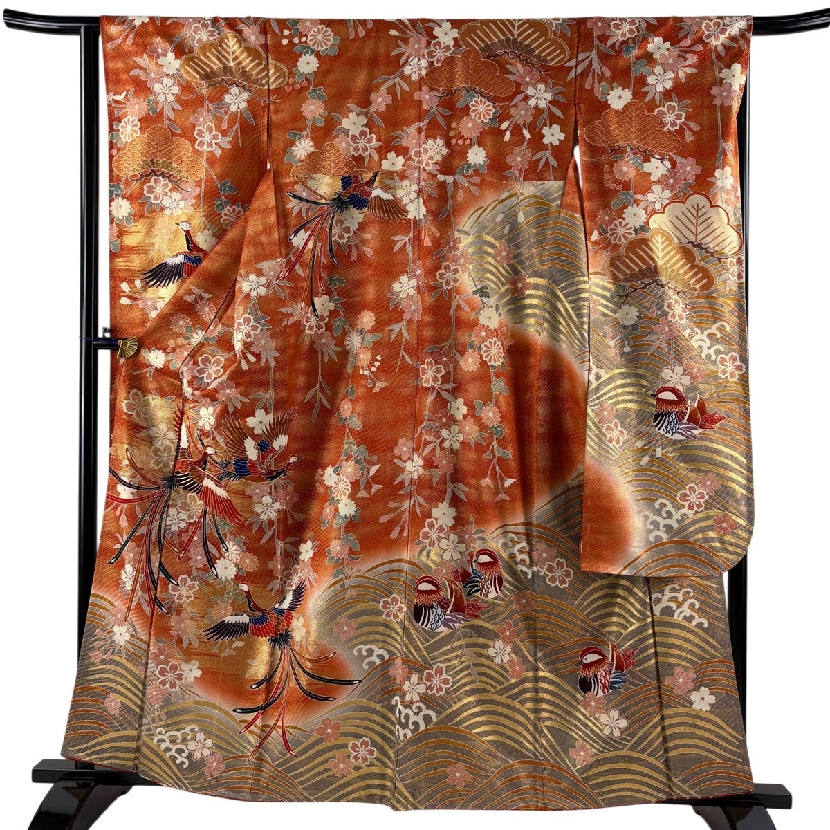 美品 振袖 朱赤 深緑 枝梅 金駒刺 金彩加工 身丈164cm お洒落 【公式通販】