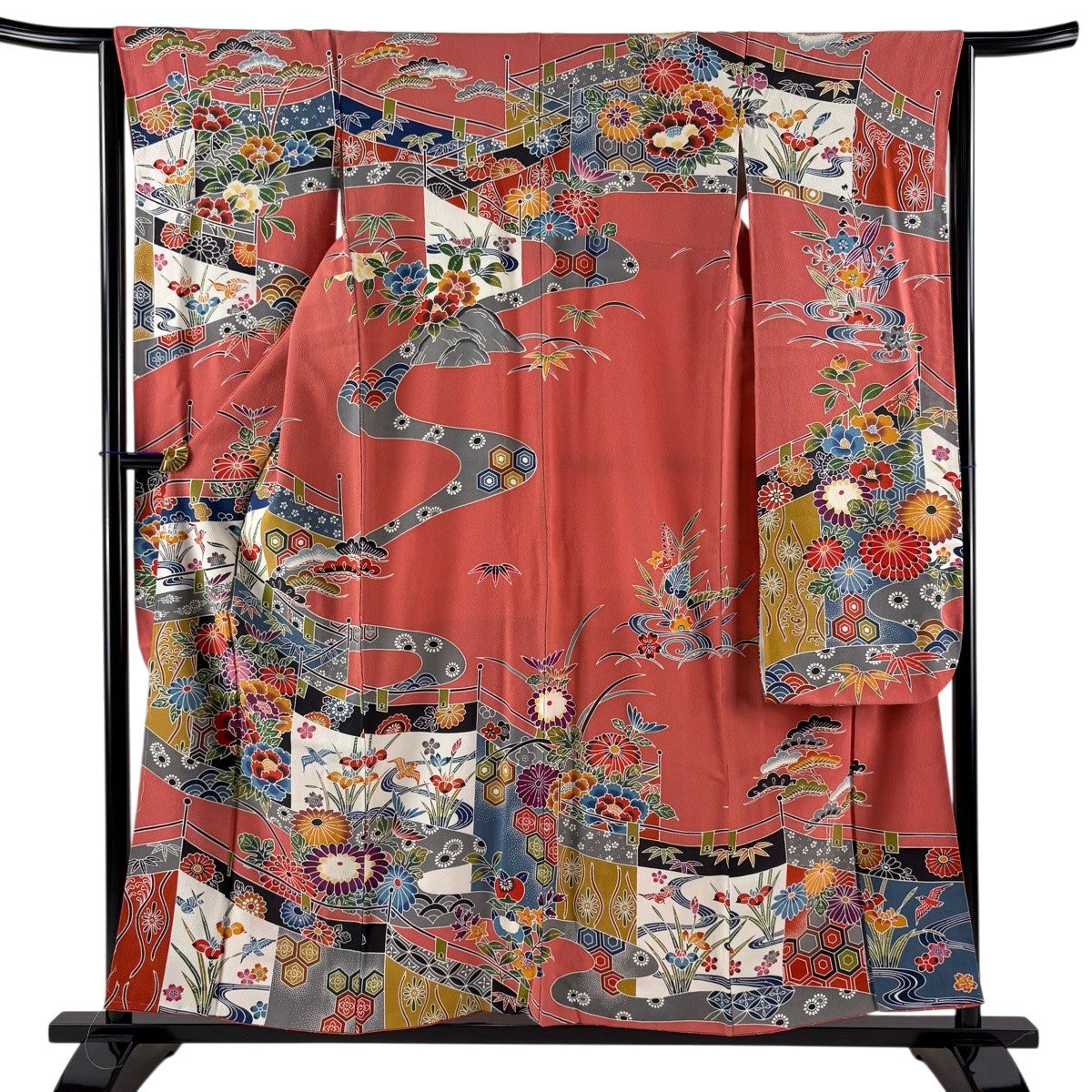 振袖 身丈157cm 裄丈63cm S 袷 花鳥 万幕 縮緬 サーモンピンク 正絹