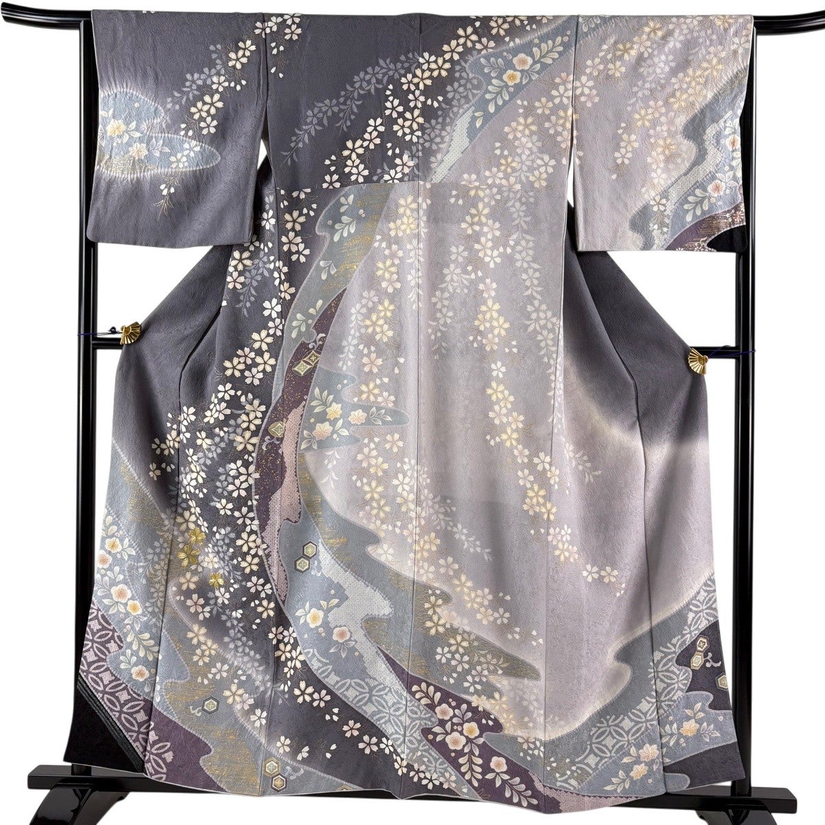 訪問着 身丈158cm 裄丈65cm M 袷 桜 七宝文 金糸 金彩 灰紫 正絹 名品