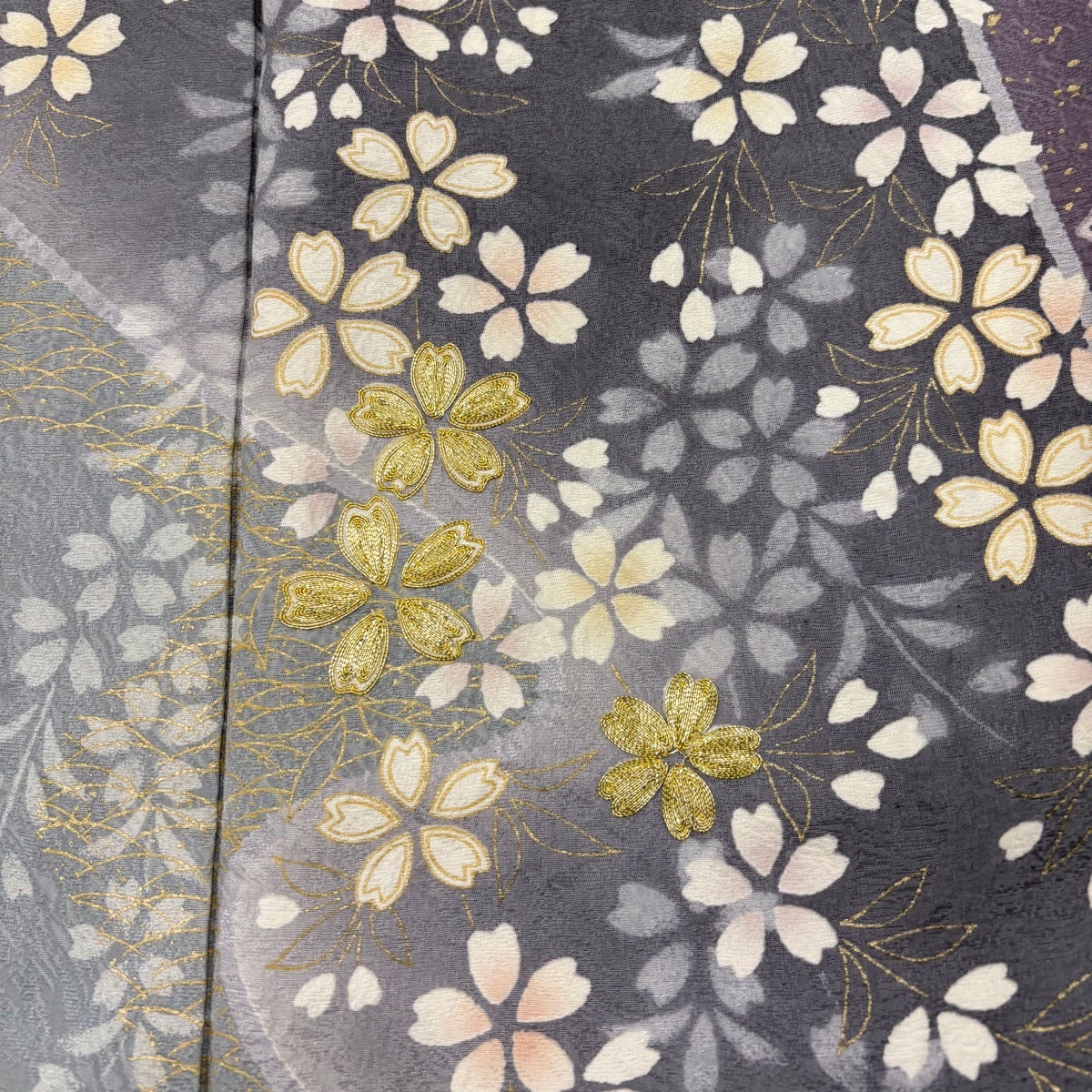 訪問着 身丈158cm 裄丈65cm M 袷 桜 七宝文 金糸 金彩 灰紫 正絹 名品