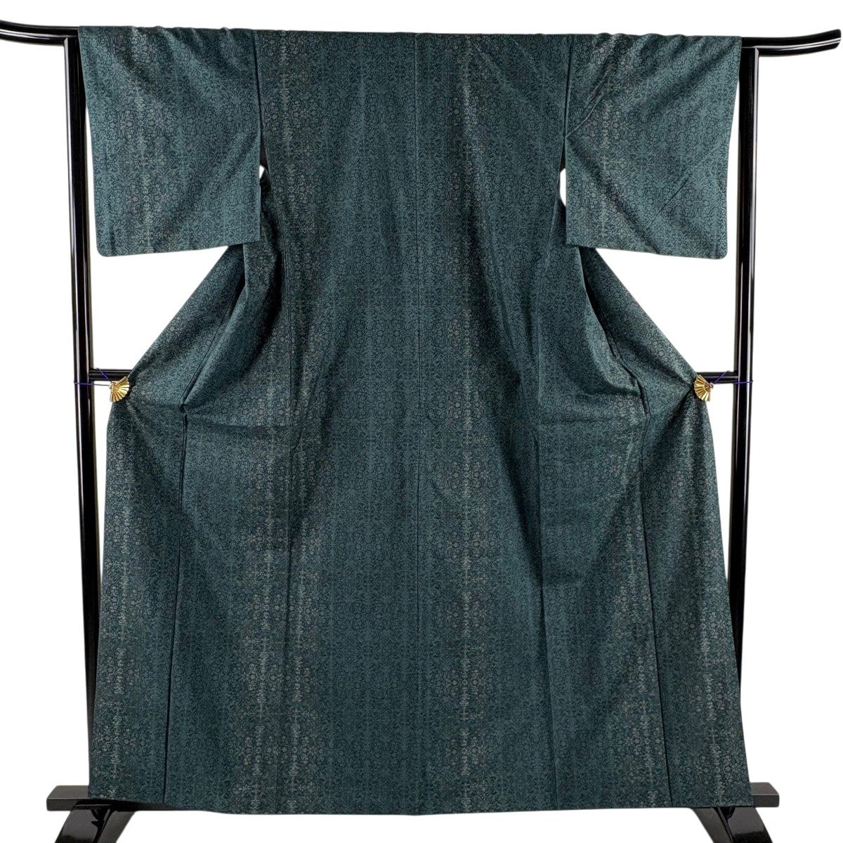 美品】 紬 身丈161cm 裄丈63.5cm S 袷 華文 花菱 深緑 正絹 秀品｜中古