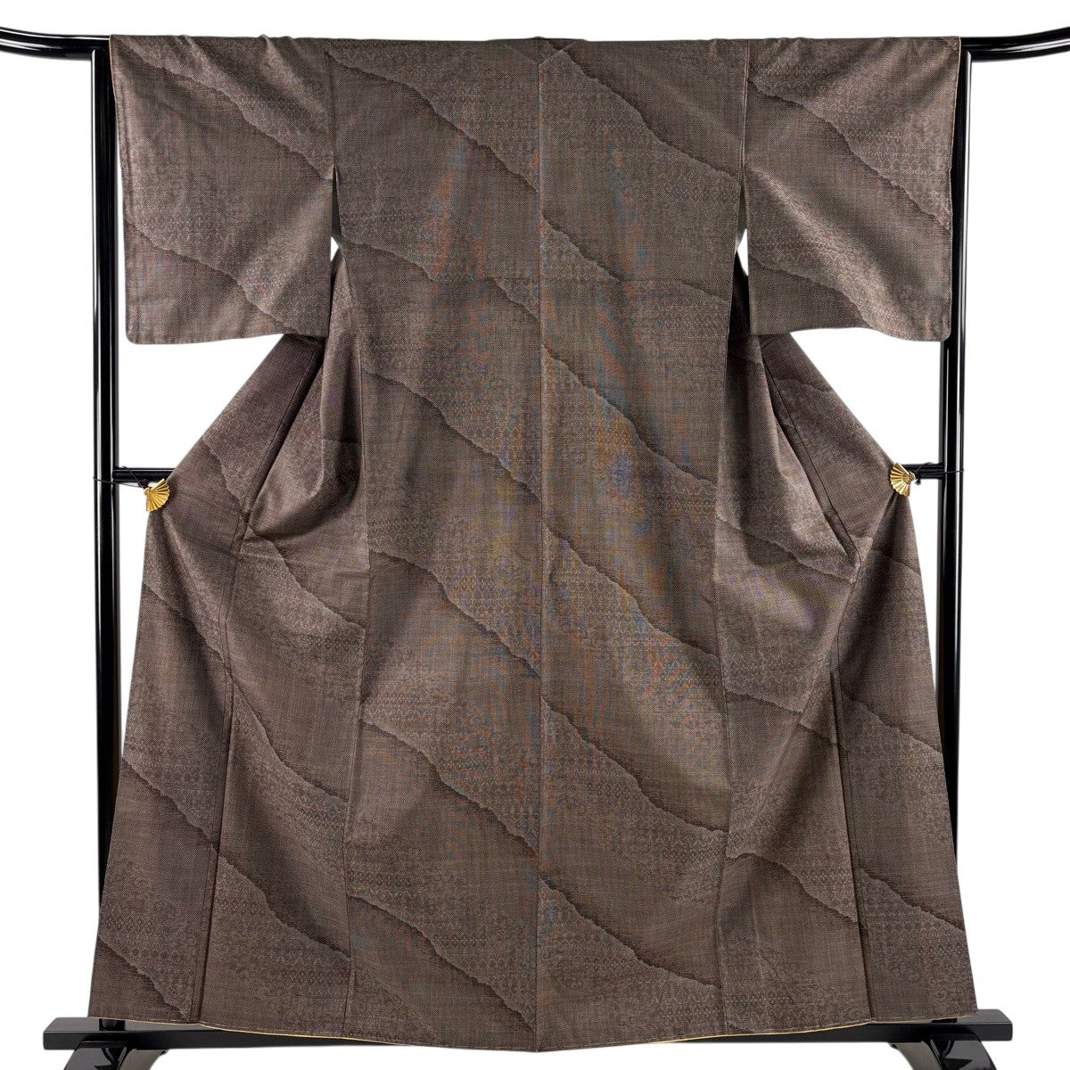 美品】 紬 身丈158cm 裄丈65cm M 袷 花唐草 焦茶色 正絹 秀品｜中古