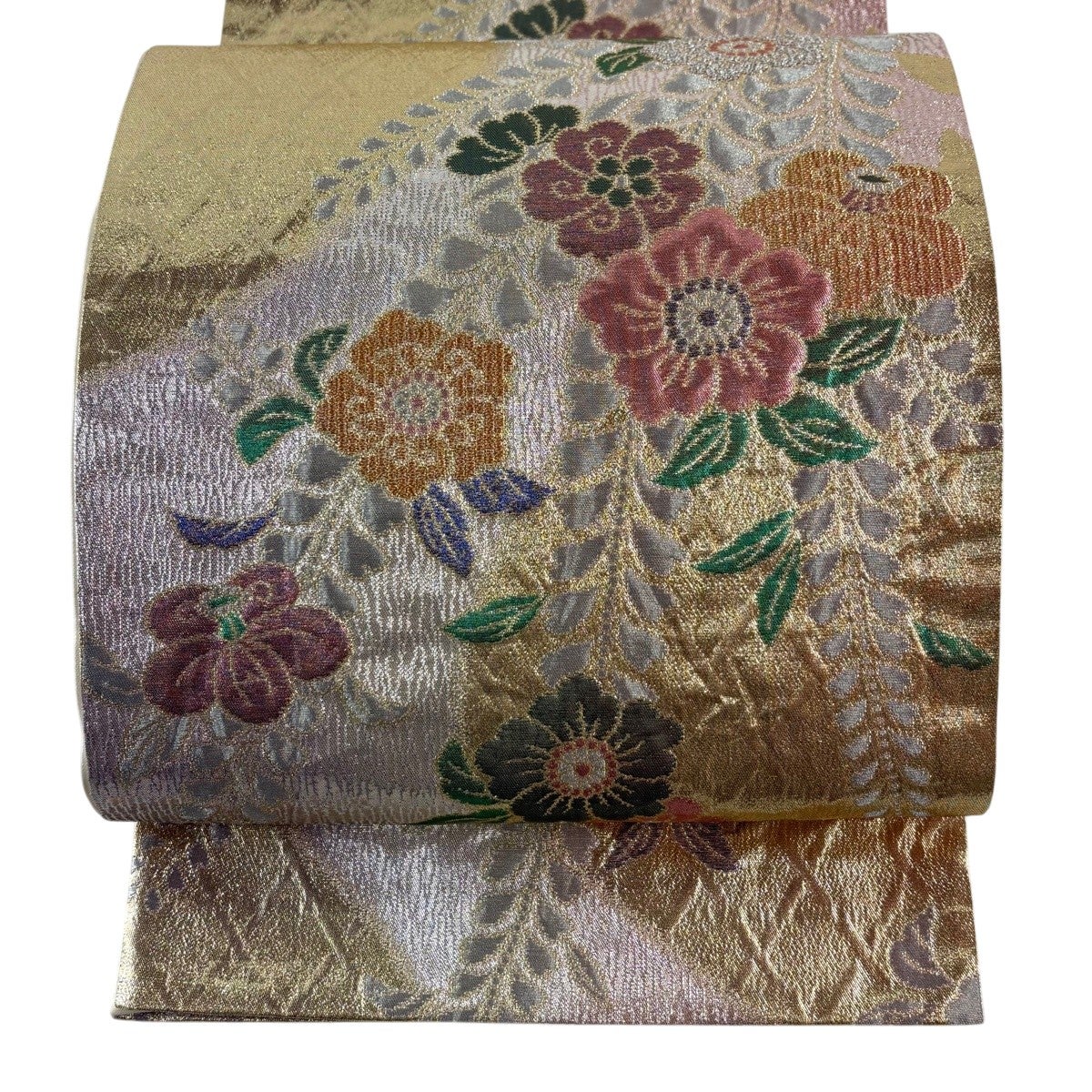 美品】 袋帯 名品 花鳥 縞 金銀糸 箔 灰色 六通 正絹｜中古・古着