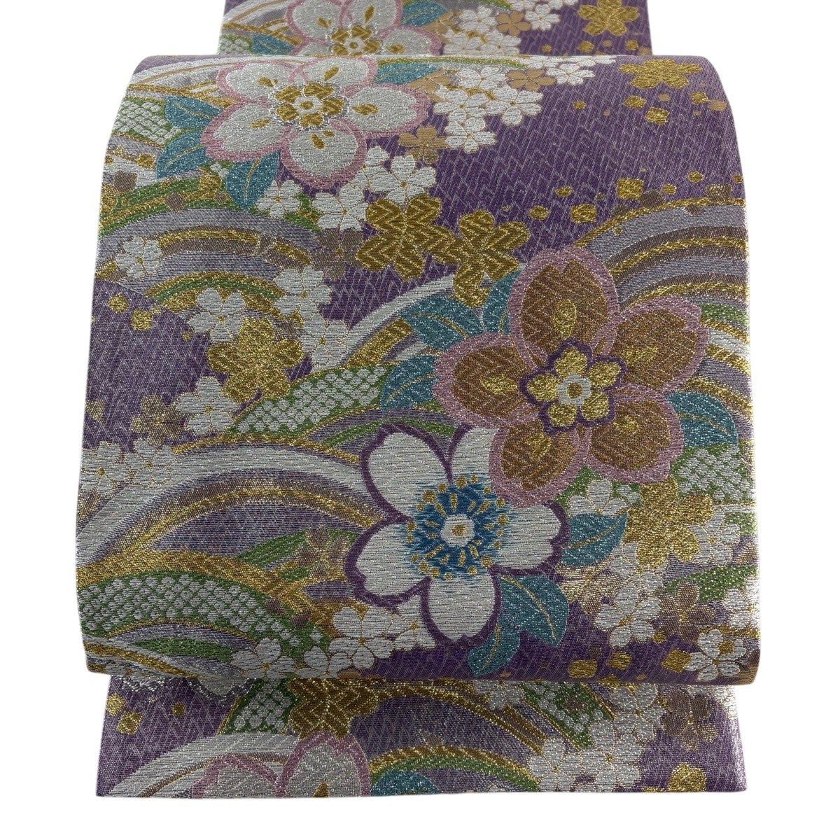 美品】 袋帯 秀品 落款あり 雲取彩鞠文 箔 金糸 濃紫 六通 正絹｜中古