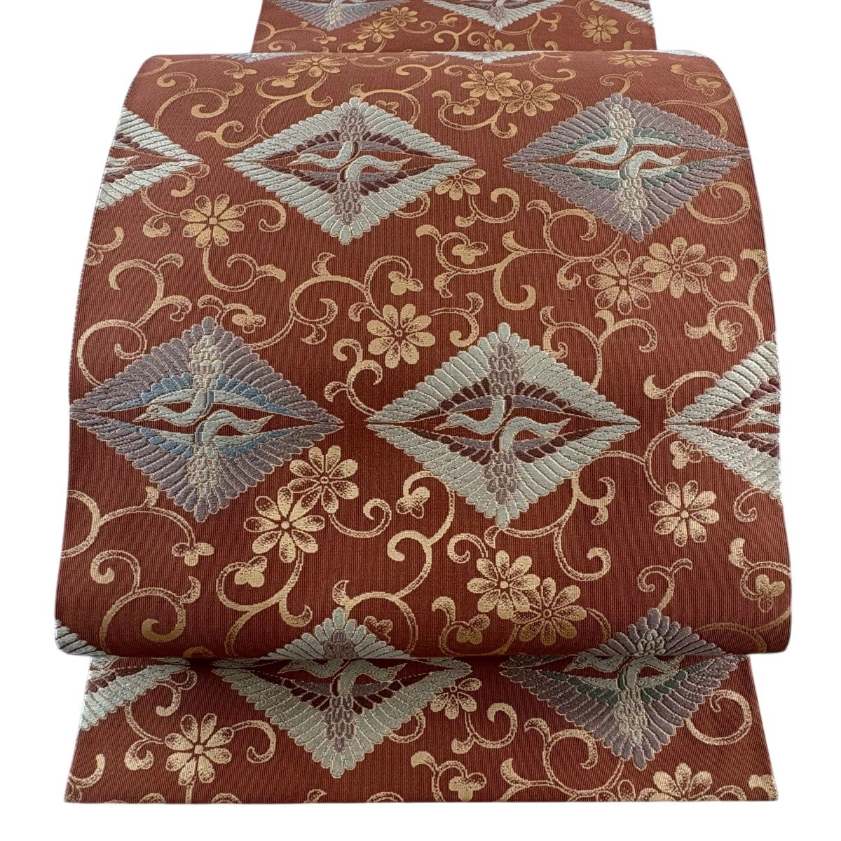 美品】 袋帯 秀品 向かい鳥 花唐草 金糸 箔 灰紫 六通 正絹｜中古
