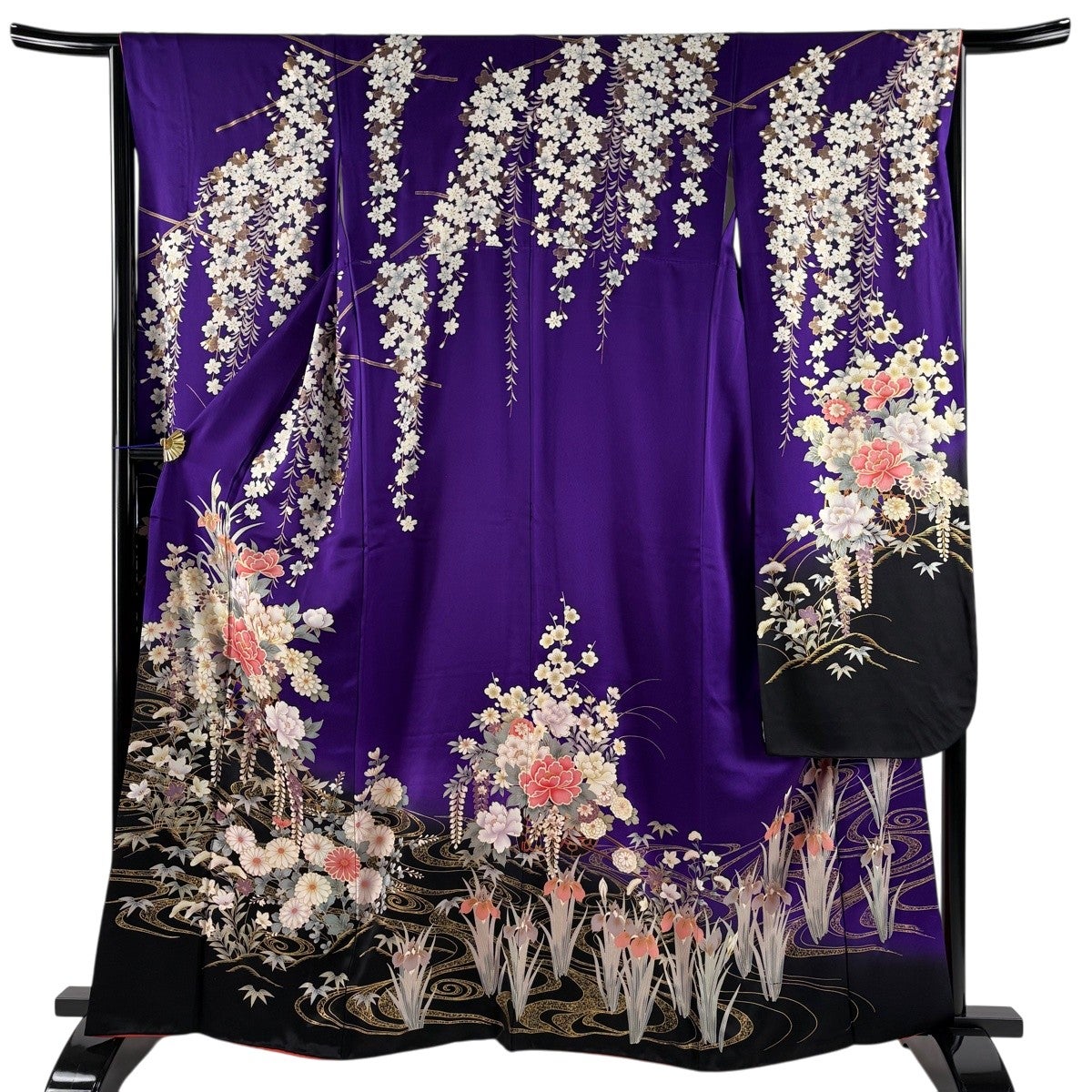 振袖 身丈164cm 裄丈66cm M 袷 花車 流水 金糸 金彩 紫 正絹 秀品