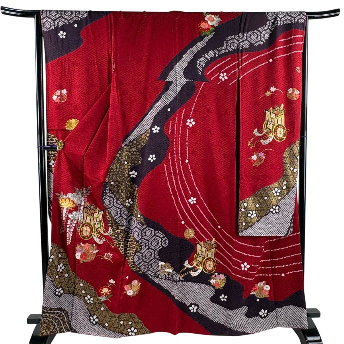 振袖 身丈167cm 裄丈66.5cm M 袷 御所車 松 刺繍 金銀彩 赤 正絹 秀品