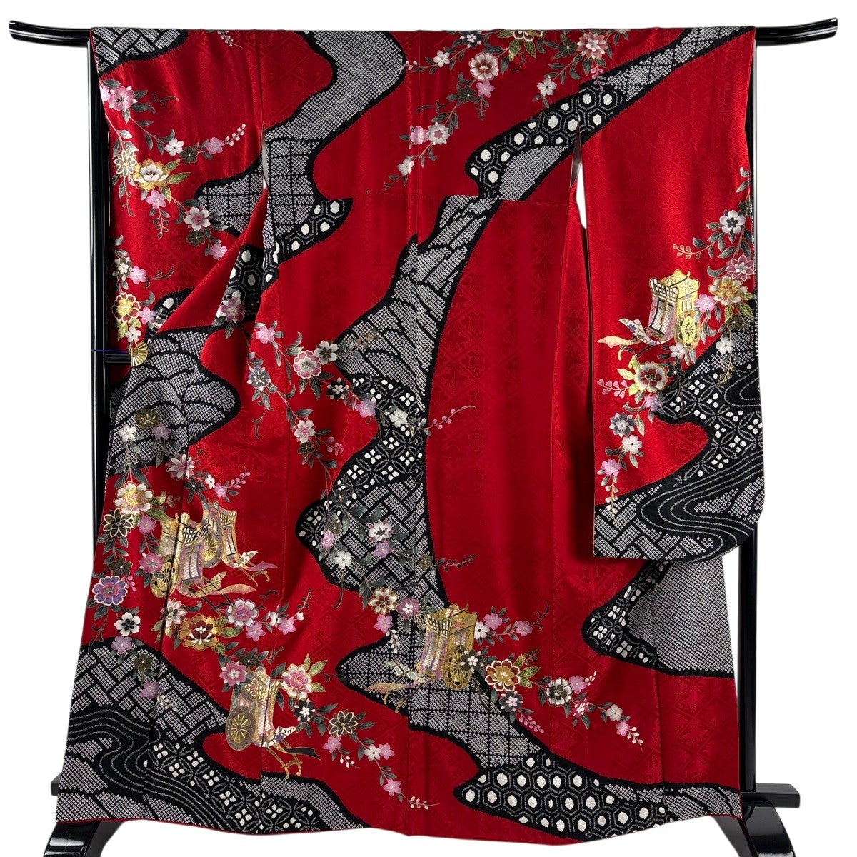 振袖 身丈156cm 裄丈63.5cm S 袷 蝶 牡丹 金彩 赤 正絹 秀品｜中古