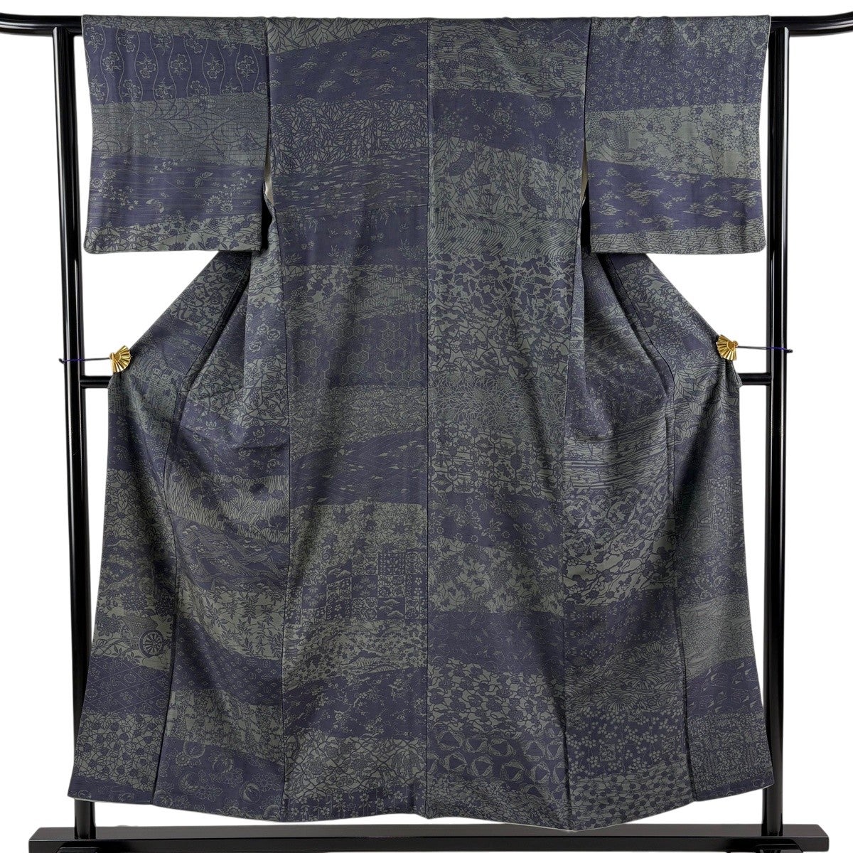 美品】 小紋 身丈160cm 裄丈63.5cm S 袷 紬地 幾何学模様 絞り 焦茶色