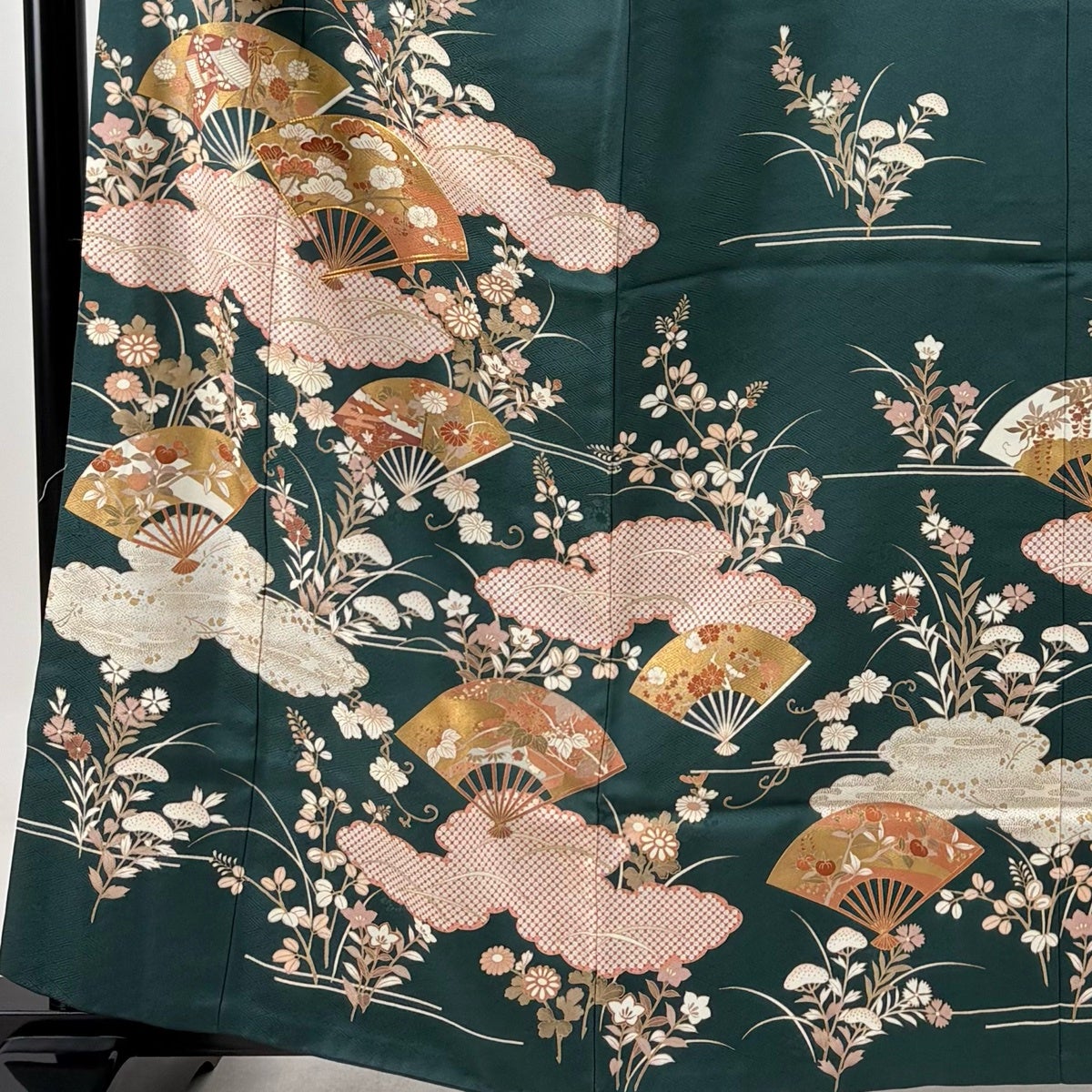 訪問着 身丈160.5cm 裄丈63.5cm S 袷 扇 雲文 金彩 金糸 緑 正絹 秀品