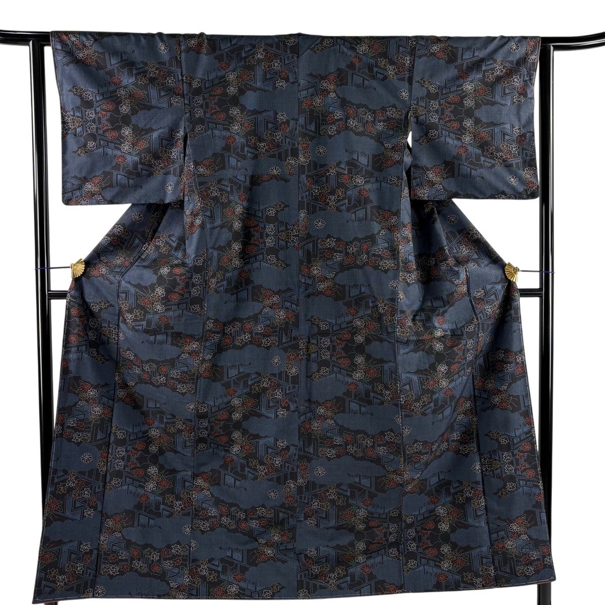 美品】 紬 身丈152.5cm 裄丈62.5cm S 袷 屏風 草花 青灰色 正絹 秀品