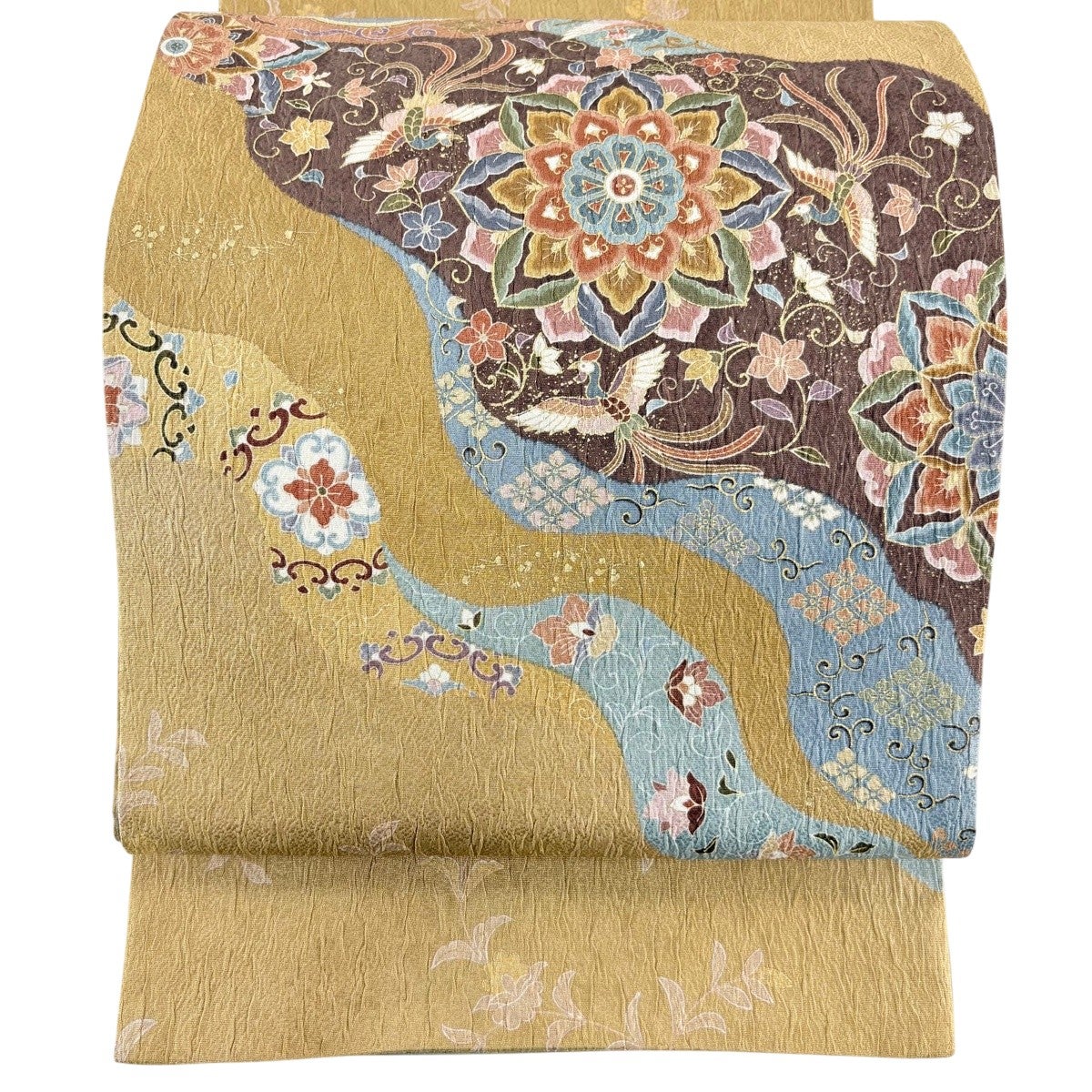 美品】 袋帯 秀品 紬地 向かい鳥 華文 刺繍 オレンジ お太鼓柄 正絹