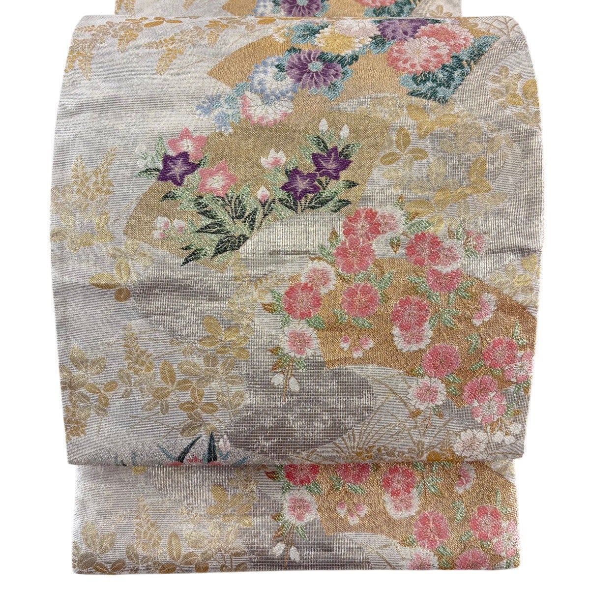 ☆ 袋帯 花草模様 本金箔 金糸 薄紫色 O-4674 70%OFF 袋帯 秀品 草花 扇面 金糸 箔 薄紫 六通 正絹 K70｜中古・古着