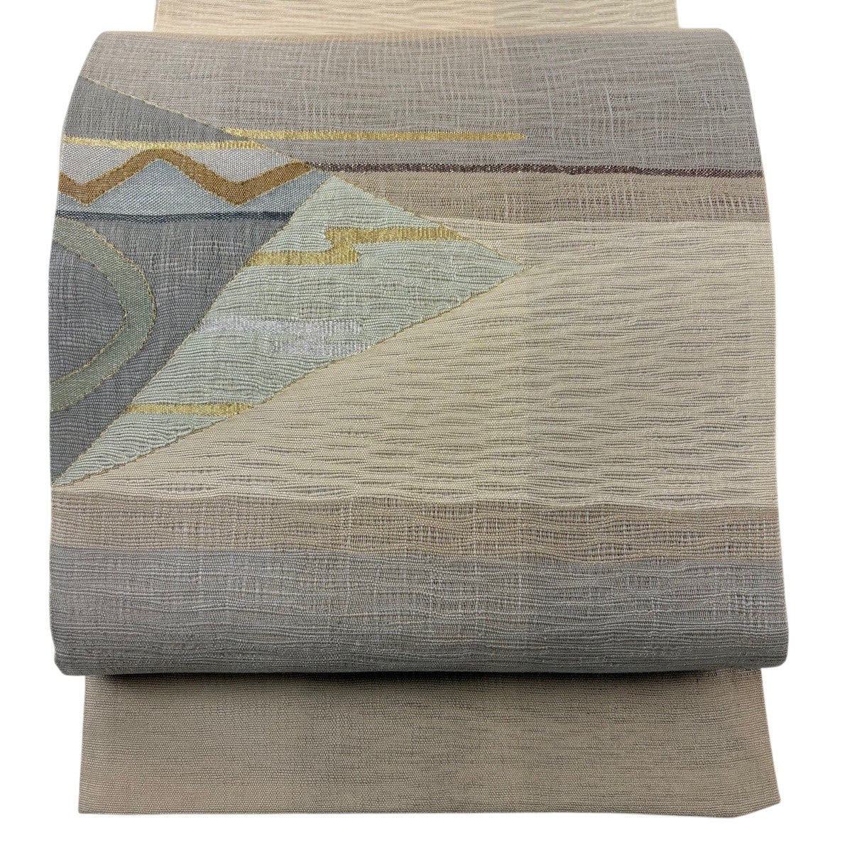 美品】 袋帯 秀品 夏帯 幾何学模様 金糸 箔 ベージュ お太鼓柄 正絹 美品】 袋帯 秀品 夏帯 幾何学模様 金糸 箔 ベージュ お太鼓柄 正絹