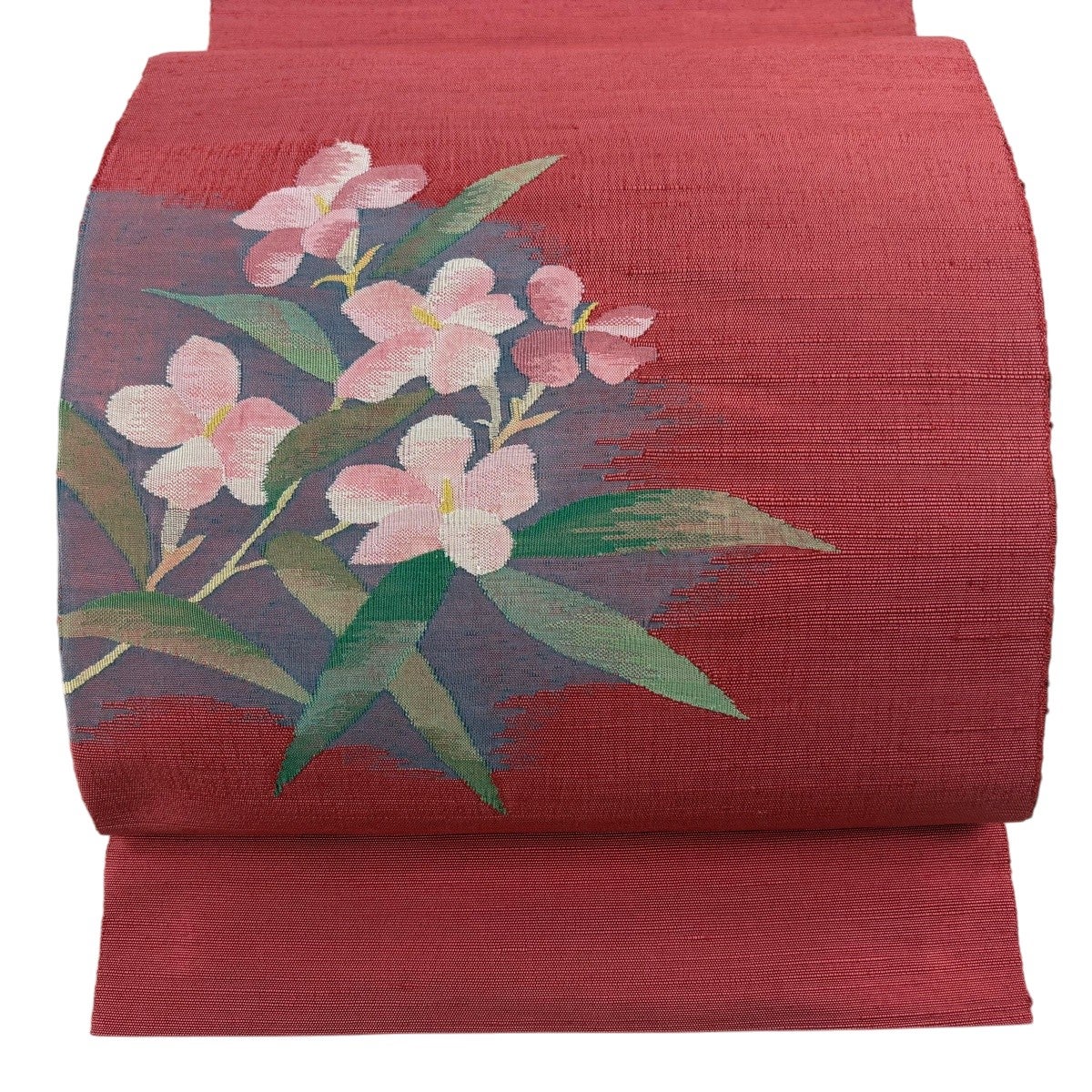 美品】 名古屋帯 秀品 夏帯 絽 枝花 刺繍 銀糸 薄ピンク 正絹｜中古
