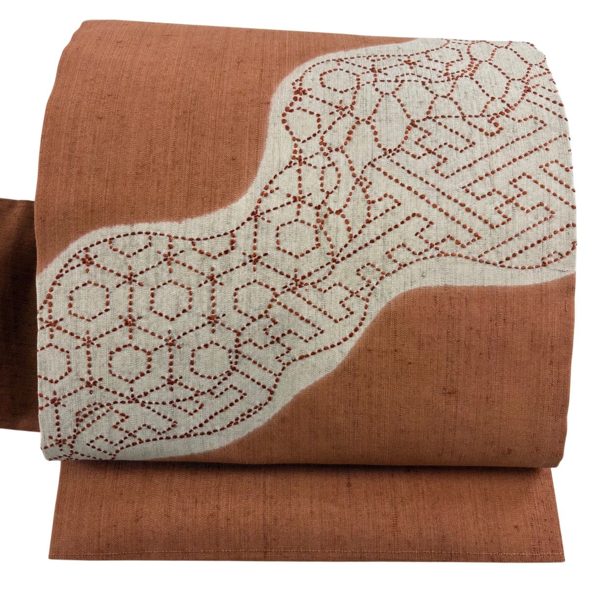 30%OFF 【美品】 名古屋帯 優品 紬地 関西仕立て 亀甲 紗綾型 赤茶