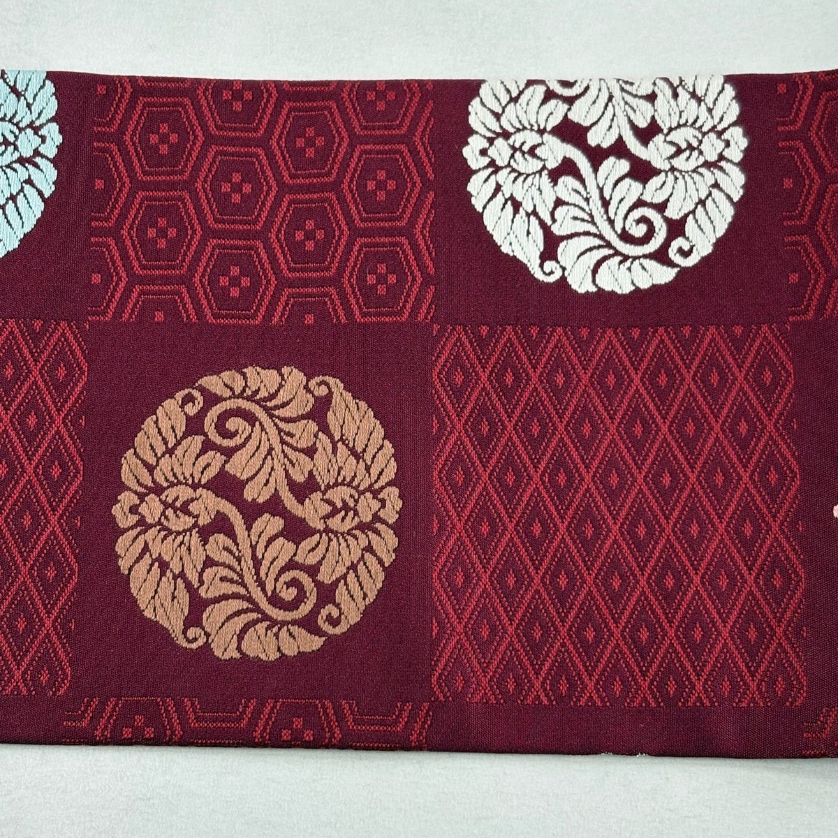 30%OFF 名古屋帯 優品 草花 亀甲 銀糸 えんじ色 正絹 K30｜中古・古着