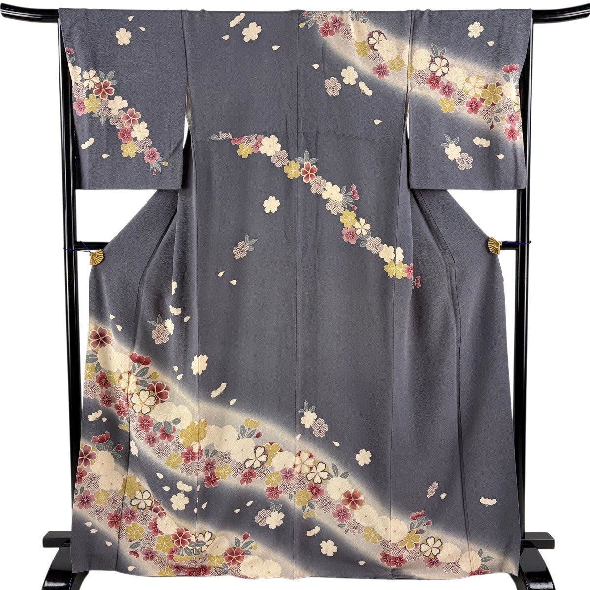 訪問着 身丈168cm 裄丈68cm L 袷 桜 金糸 ぼかし 灰色 正絹 秀品｜中古