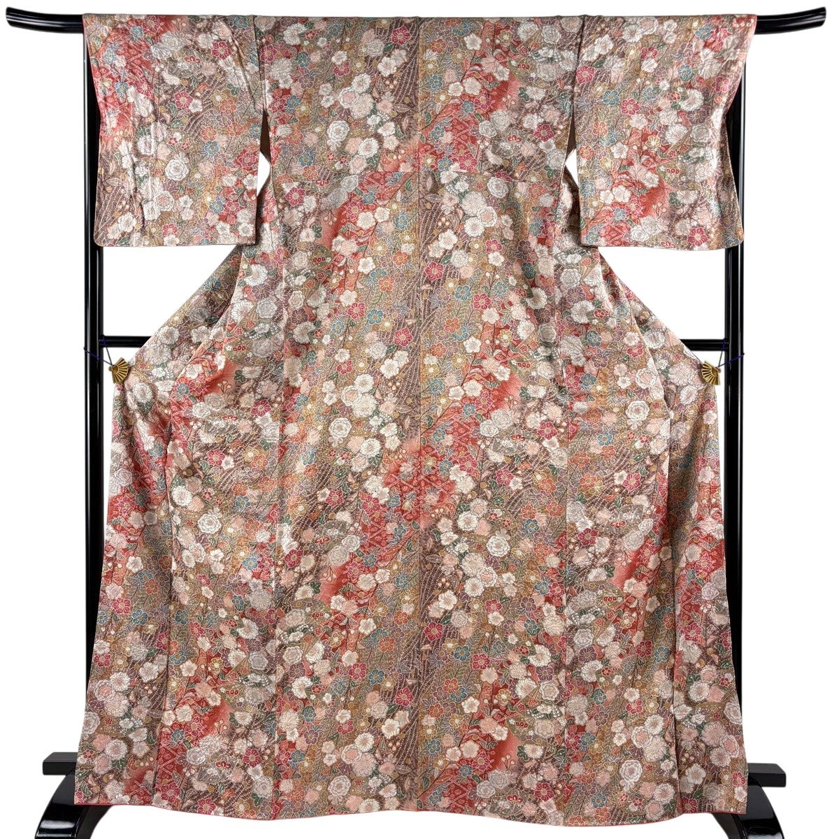 美品】 小紋 身丈167cm 裄丈66.5cm M 袷 扇 草花 金彩 ぼかし 茜色