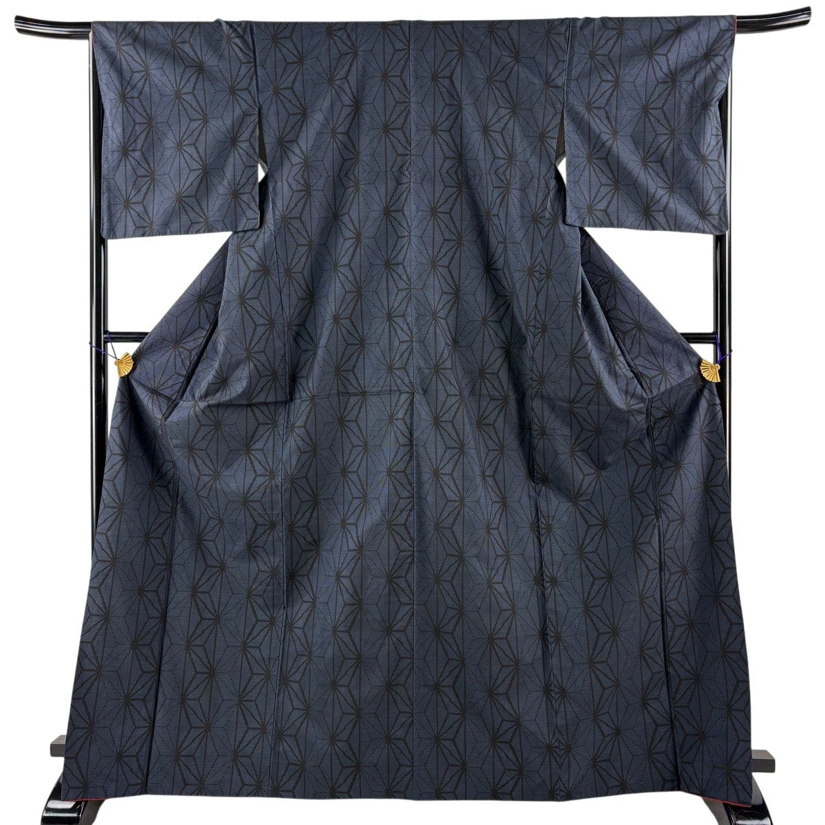 紬 身丈169cm 裄丈66.5cm M 袷 麻の葉 濃紺 正絹 優品｜中古・古着