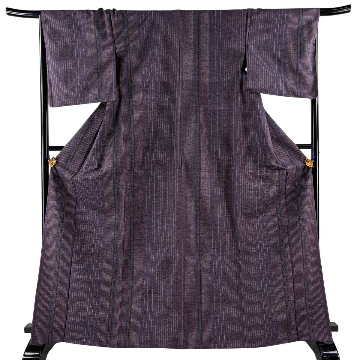 美品】 紬 身丈168cm 裄丈67.5cm L 単衣 縦縞 紫 正絹 優品｜中古