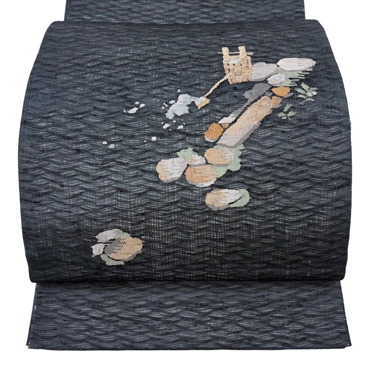 美品】 袋帯 名品 夏帯 草花 籠 灰色 お太鼓柄 正絹｜中古・古着