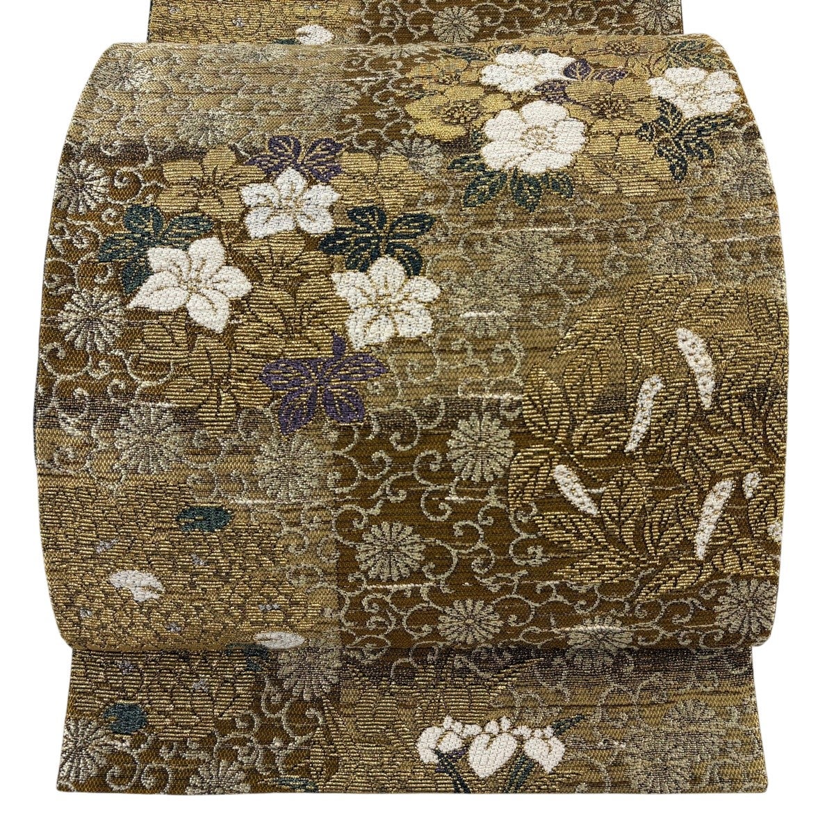 袋帯 美品 逸品 花唐草 金糸 刺繍 赤茶 全通 正絹 【中古】 袋帯美逸花